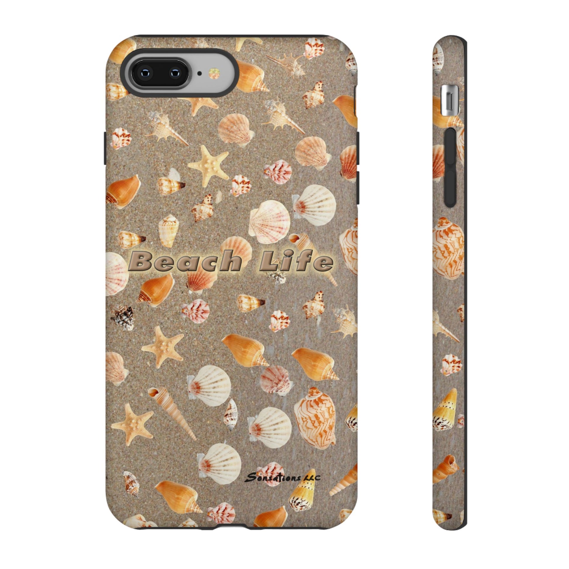 Beach Life phone cases featuring colorful seashell and starfish designs on a sandy background