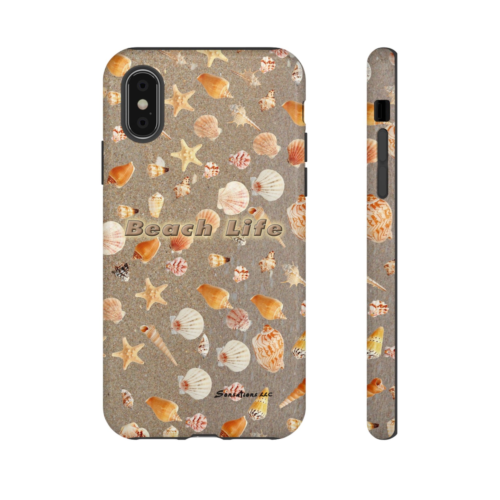 Beach Life phone cases featuring diverse seashell designs on a sandy background