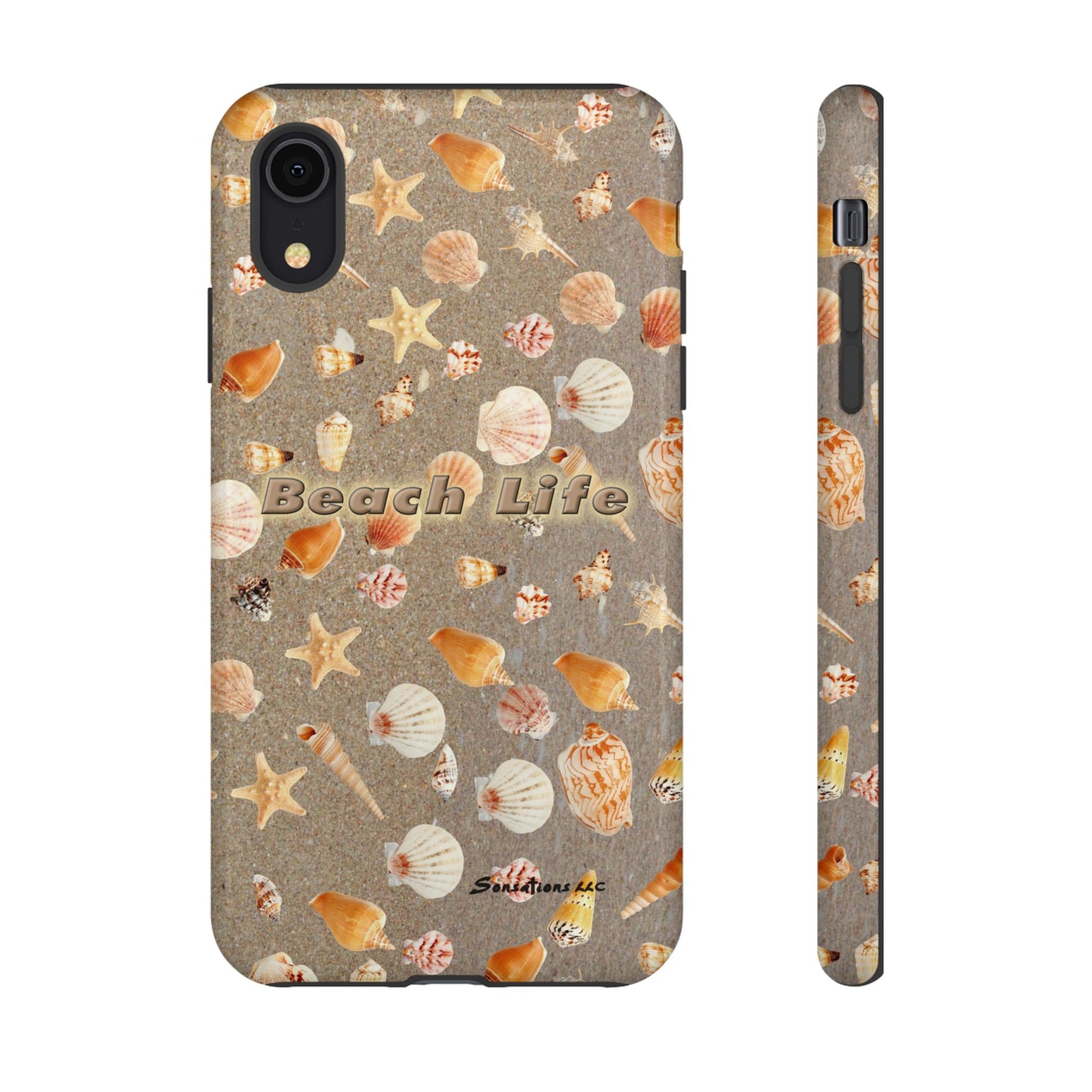 Beach Life phone cases featuring shell patterns on a sandy background for coastal enthusiasts