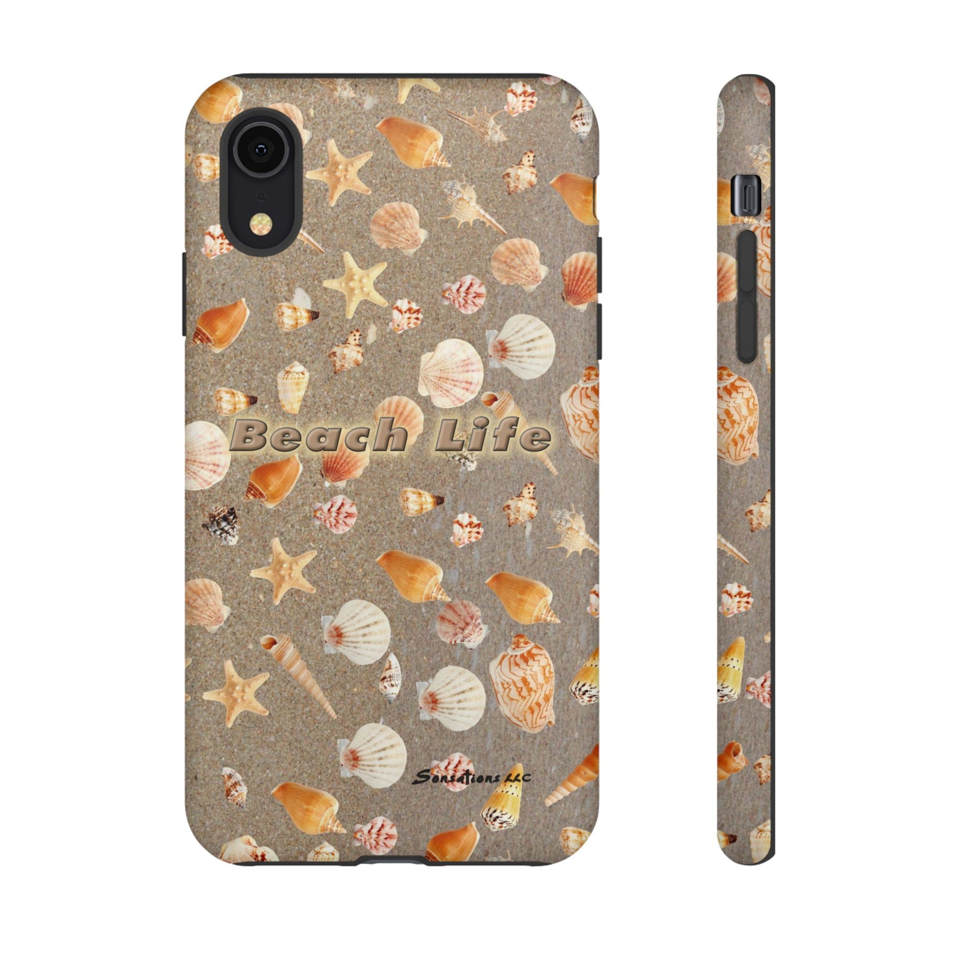 Beach Life phone cases featuring a seashell design on a textured background for beach lovers