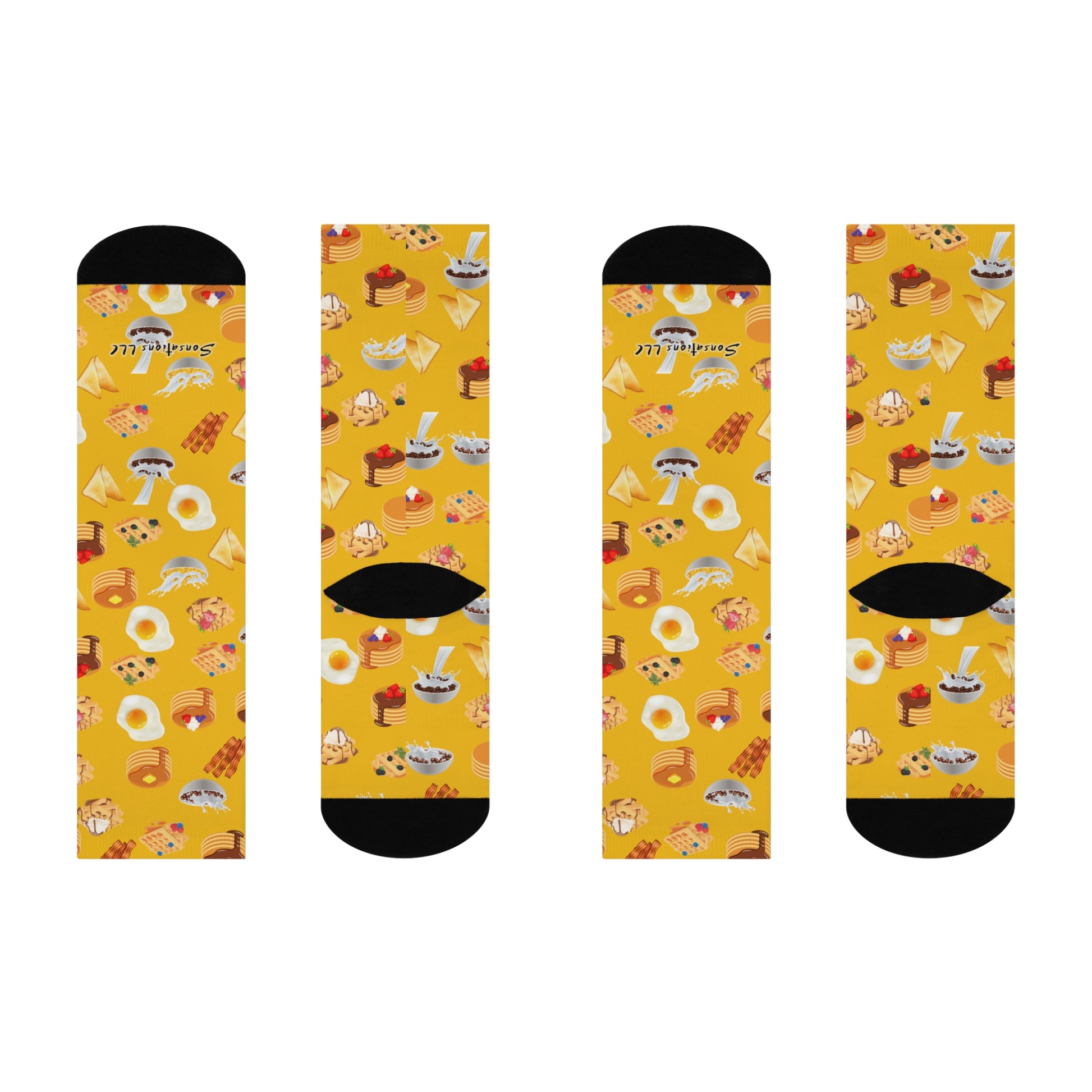 Colorful all over prints breakfast-themed socks featuring various breakfast foods on a yellow background