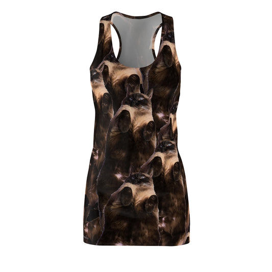 Cat pattern racerback dress featuring a unique design with multiple cat prints in various poses