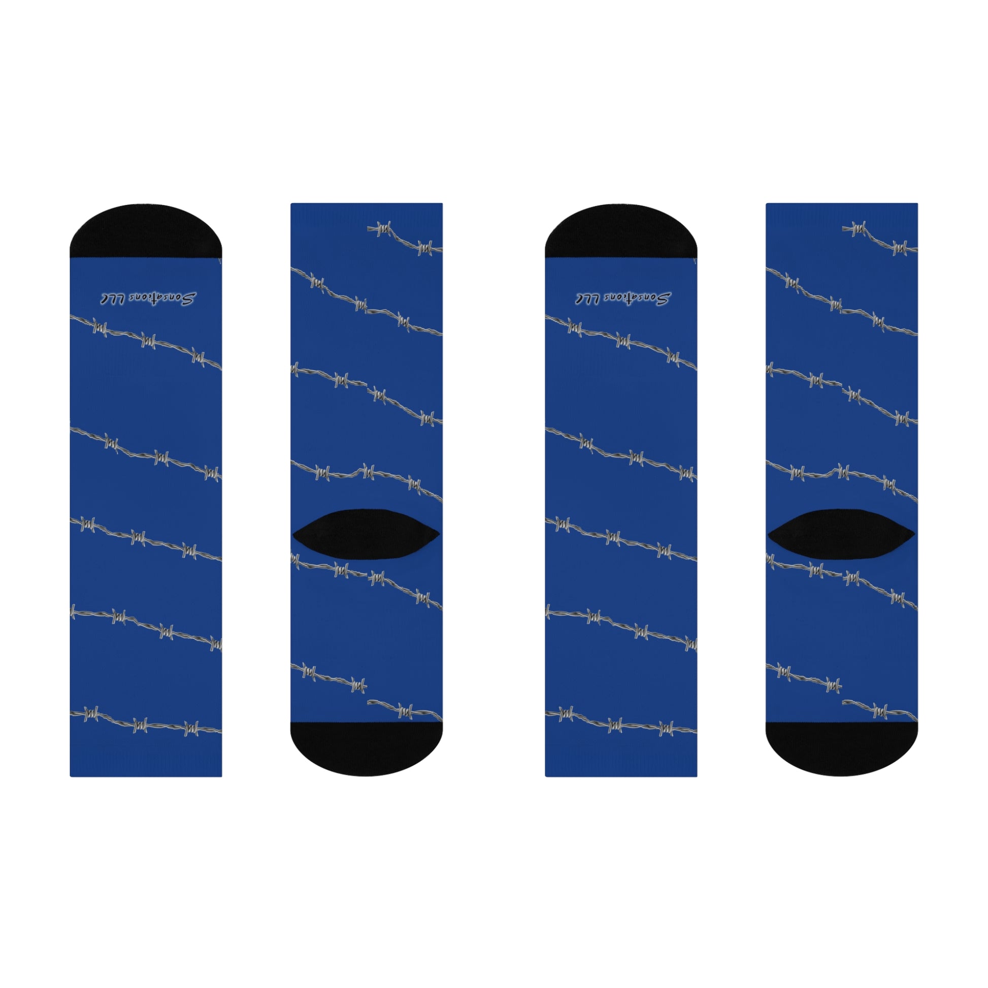 Blue crazy socks with barbed wire design for a bold and unique fashion statement