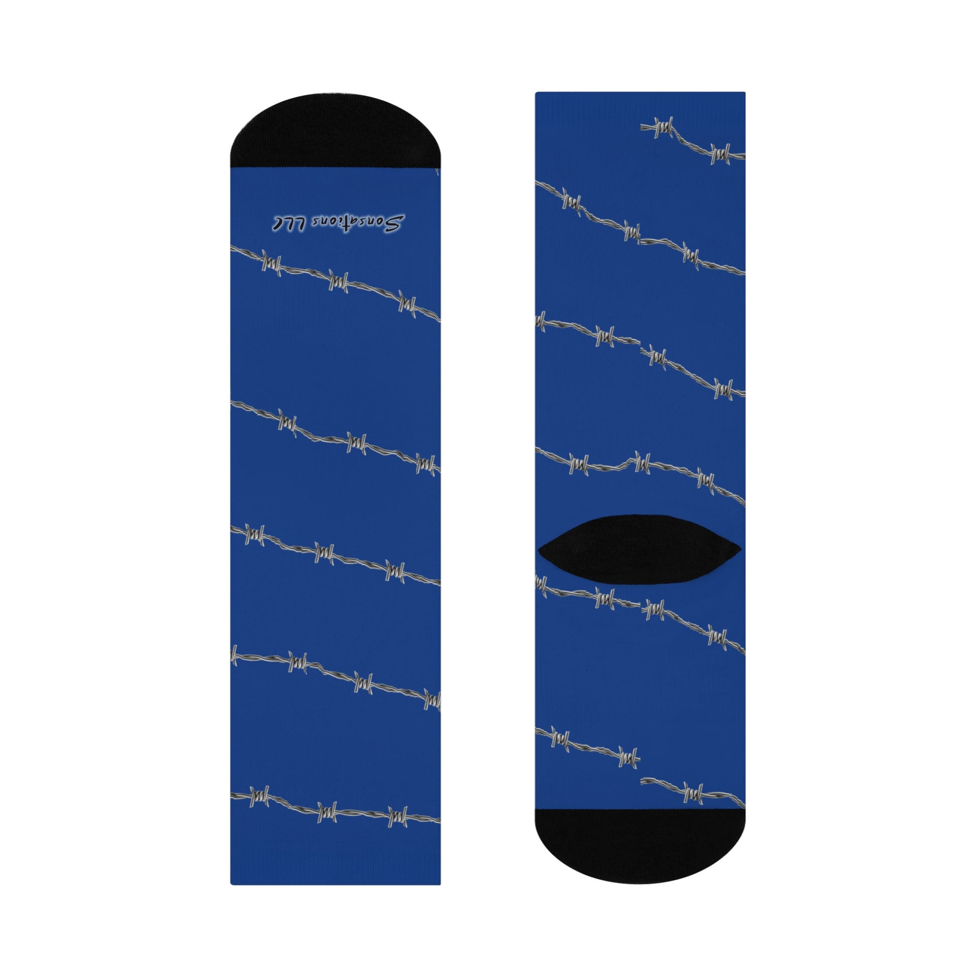 Crazy socks with barbed wire design featuring a vibrant blue background and contrasting black accents