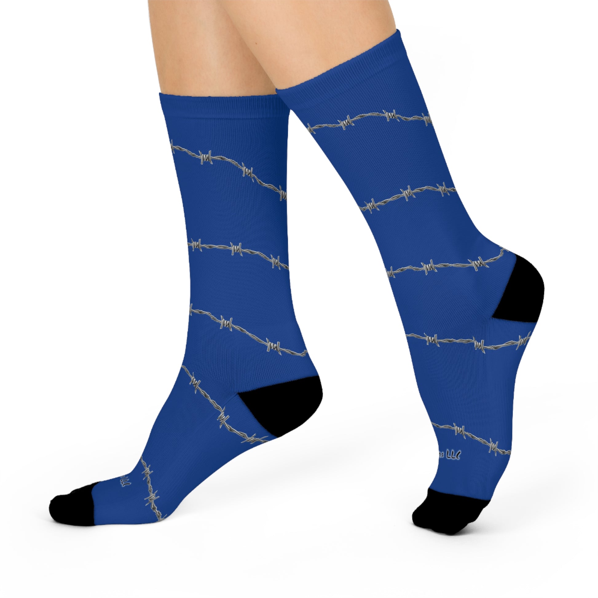 Blue crazy socks with barbed wire design for unique, bold fashion statement