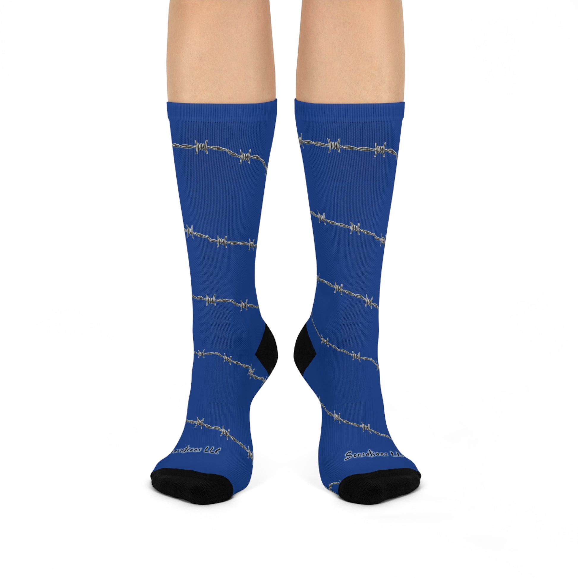 Crazy socks with barbed wire design in blue for a bold and unique fashion statement