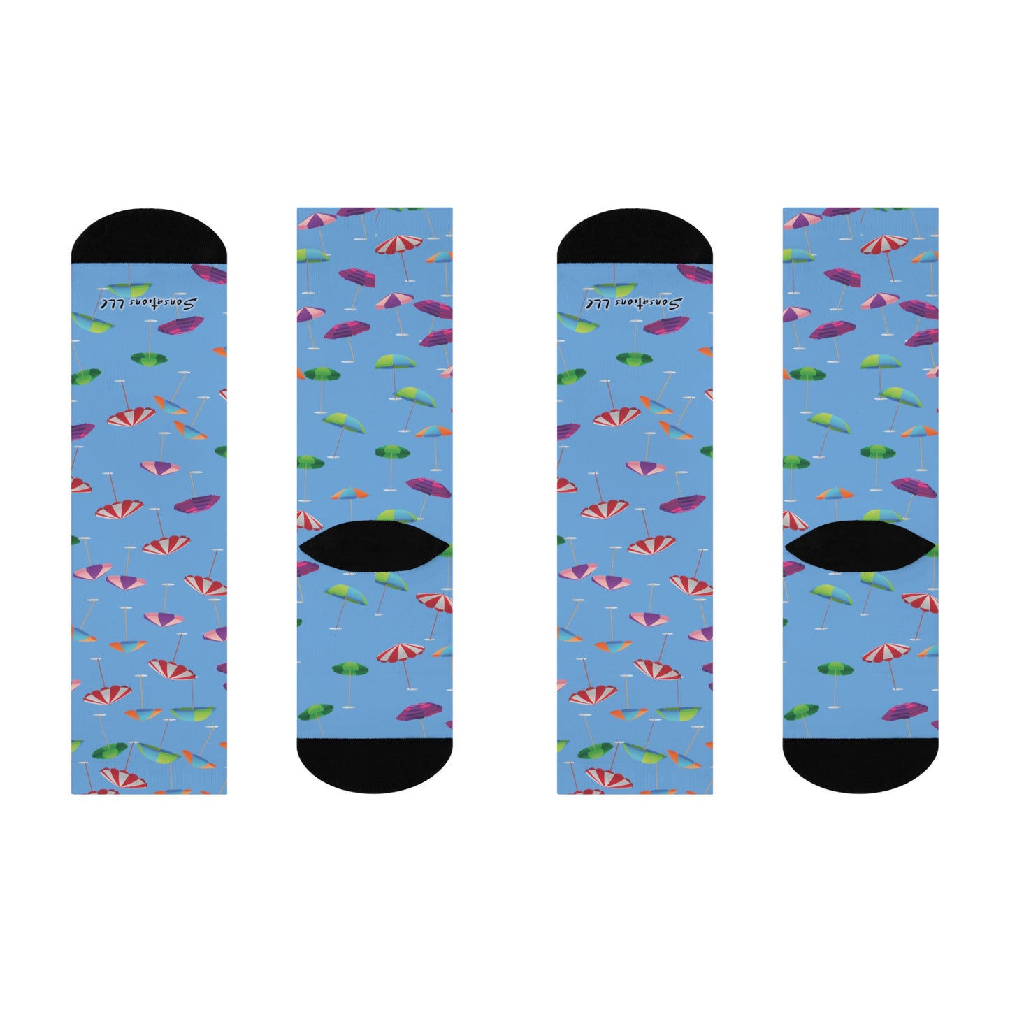 Printify crazy umbrella socks for sale featuring a vibrant blue design with colorful umbrellas