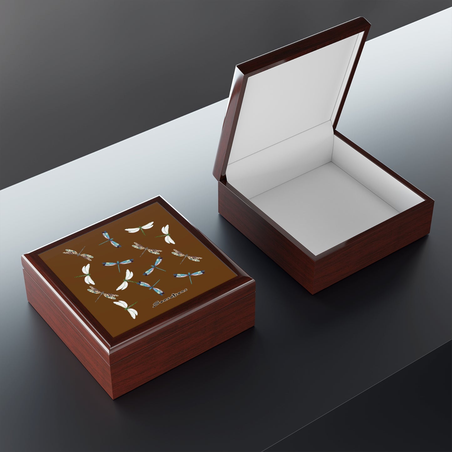 Elegant dragonfly jewelry box with a nature-themed design and a polished wood finish