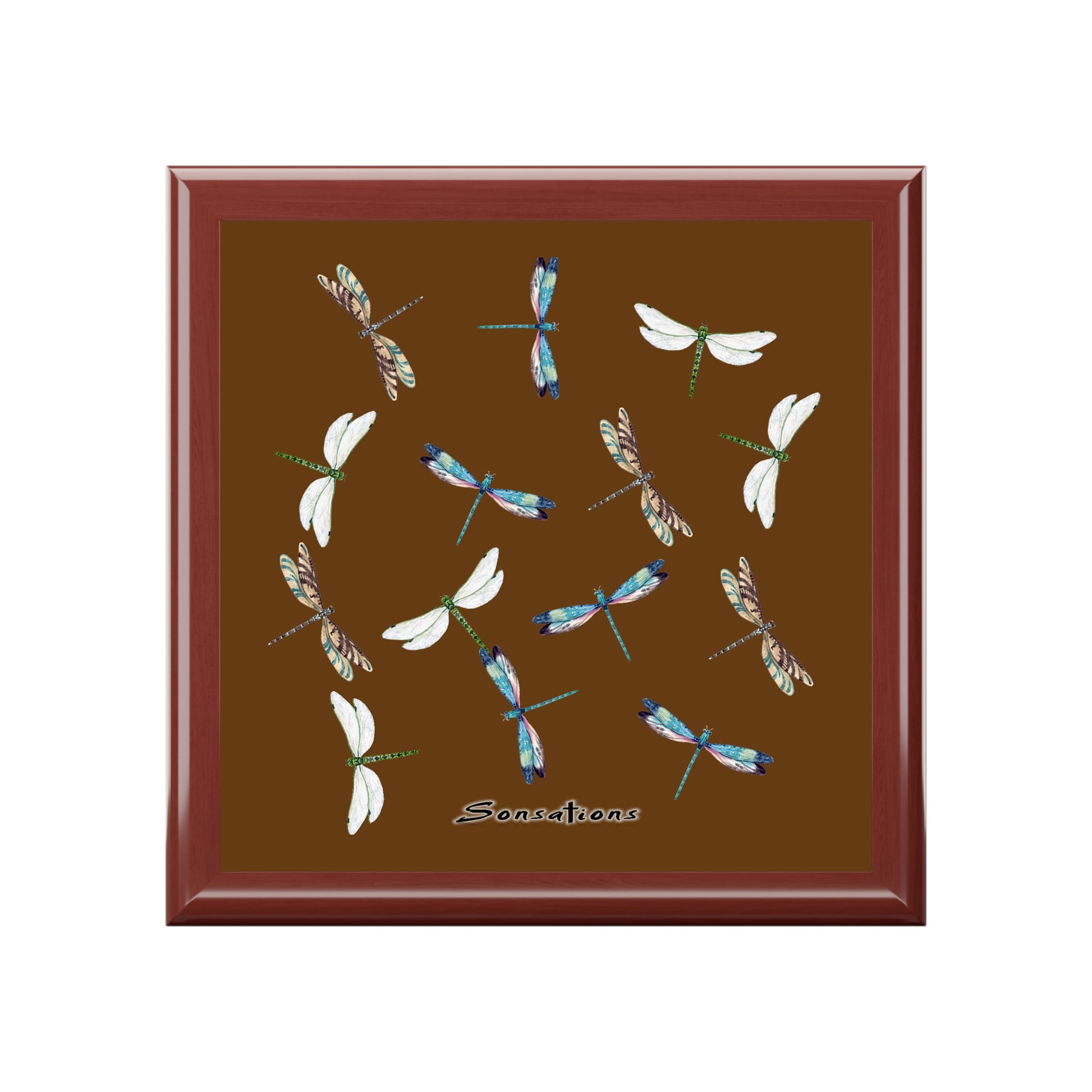 Artistic dragonfly jewelry box with colorful dragonfly designs on a brown background