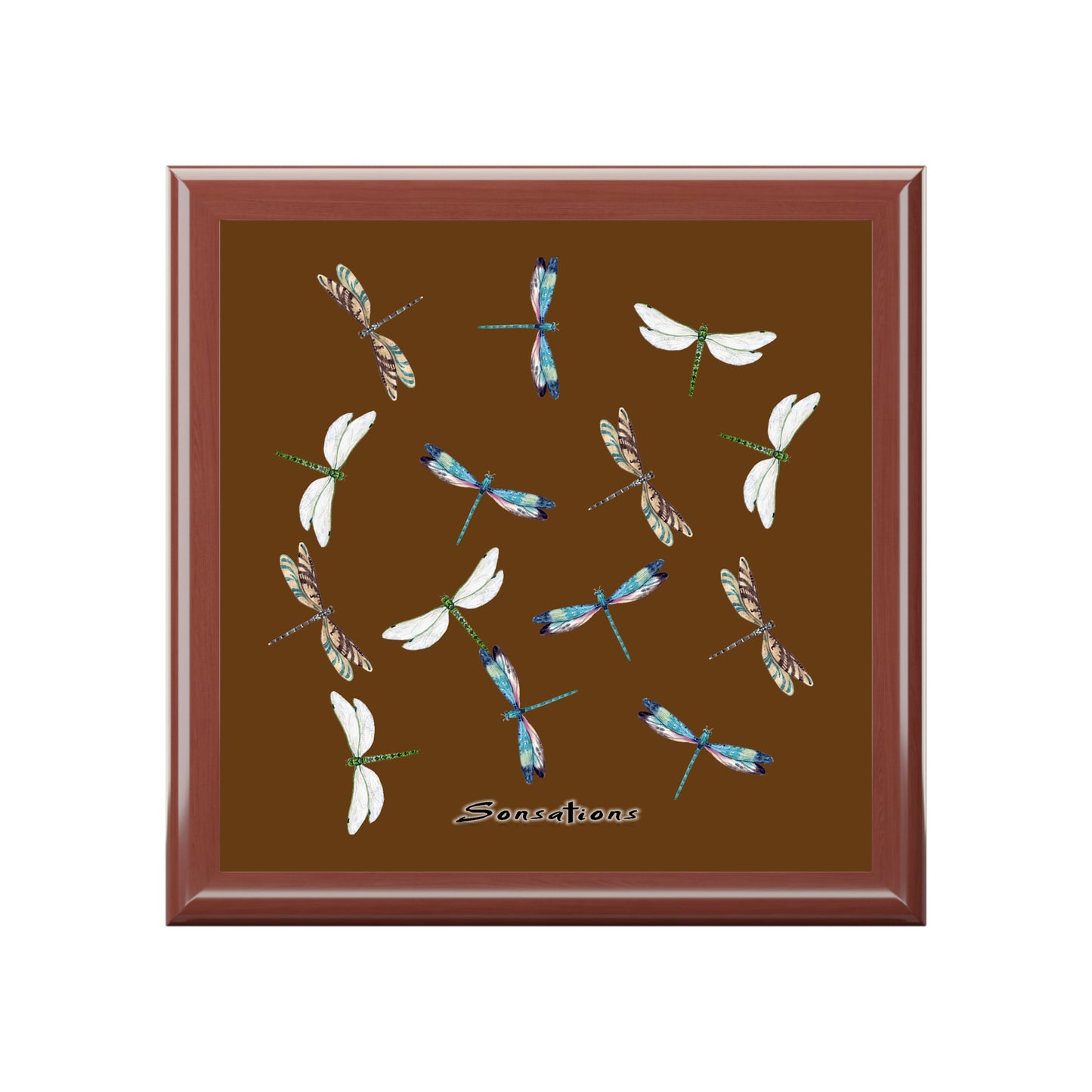 Decorative dragonfly jewelry box with intricate designs in blue and white on a brown background