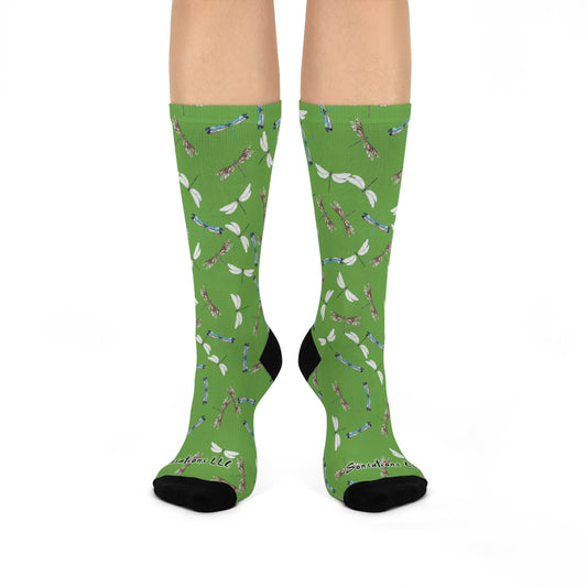 All Over Print Dragonfly Patterned Crew Socks in Green with Colorful Dragonfly Design