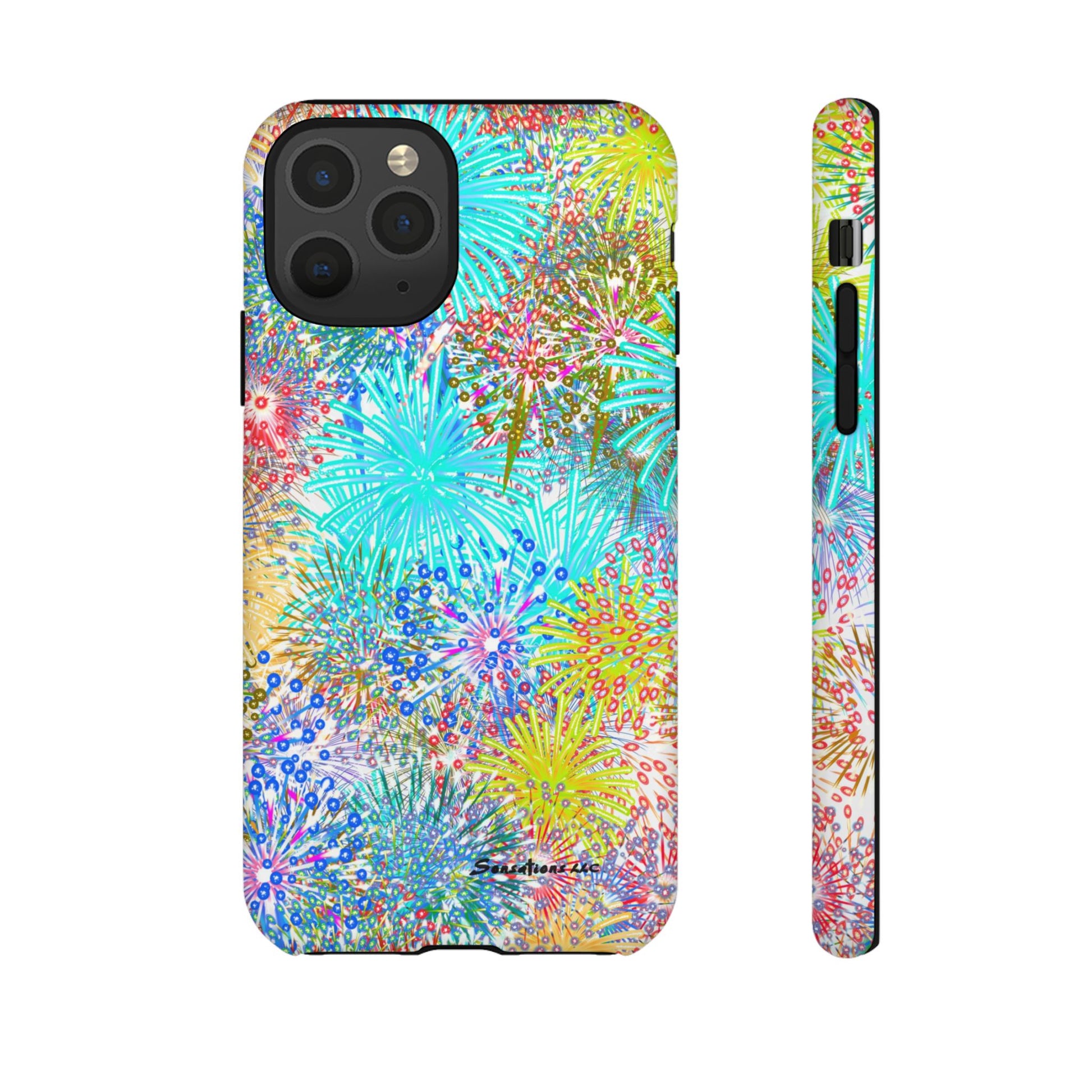 Colorful fireworks phone case with vibrant floral patterns, designed for stylish phone protection