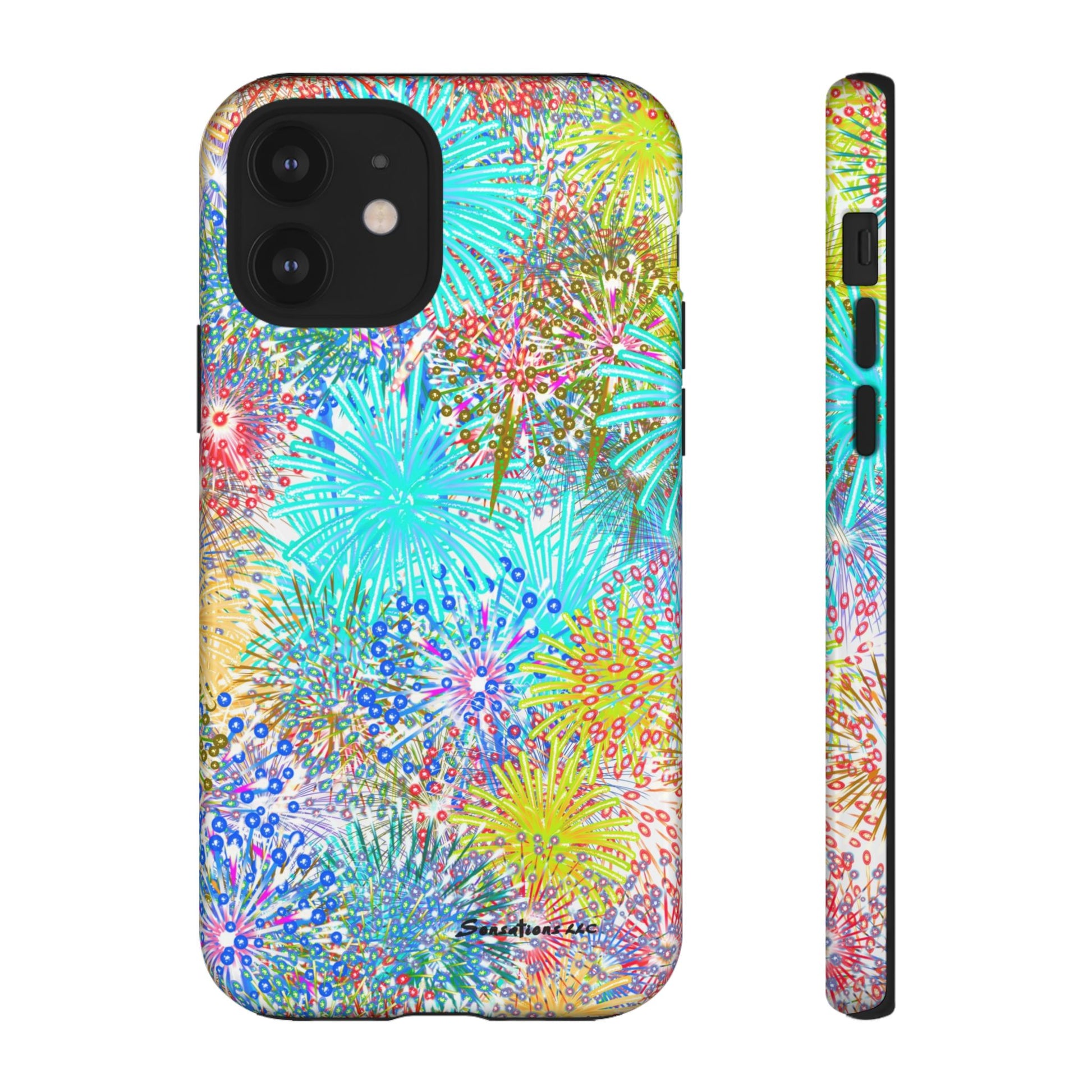 Colorful fireworks phone case featuring vibrant fireworks designs on a protective cover