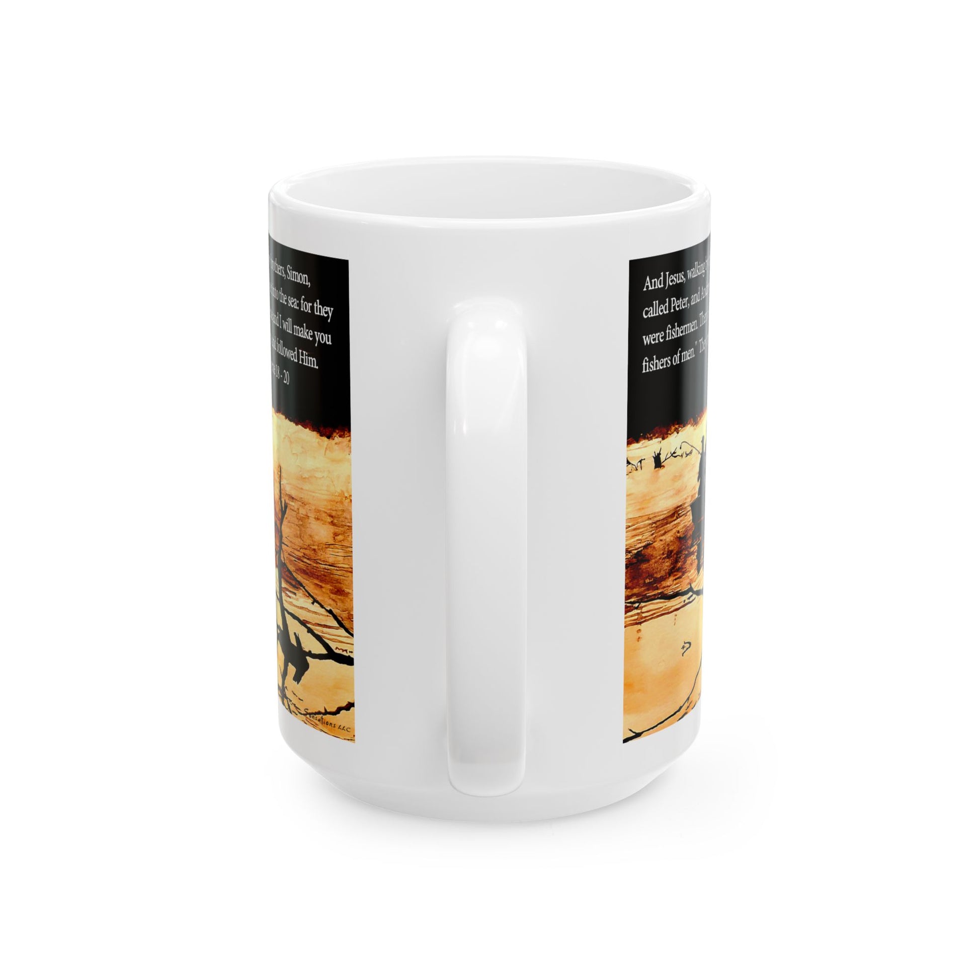 Fishers of Men mug featuring a serene fishing scene and inspirational text on a white ceramic design