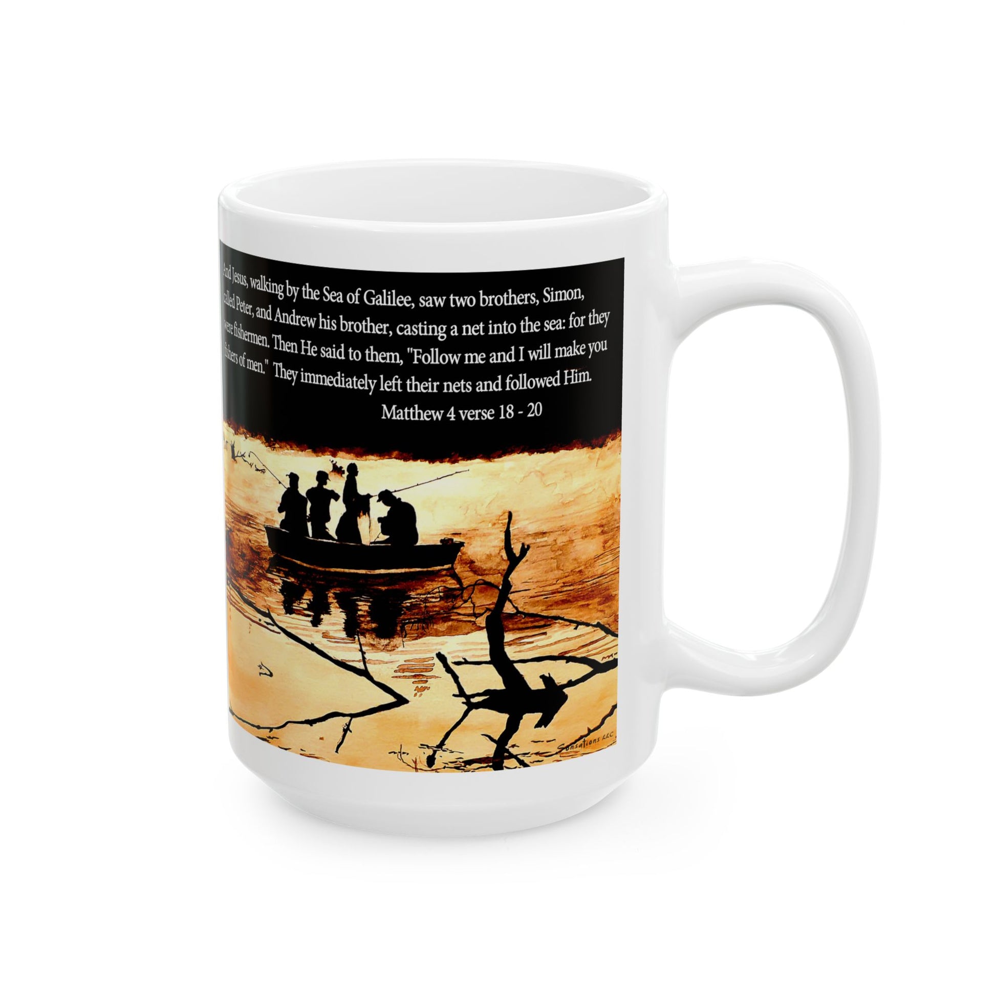 Fishers of Men mug featuring an illustration of fishermen on a lake with a biblical quote