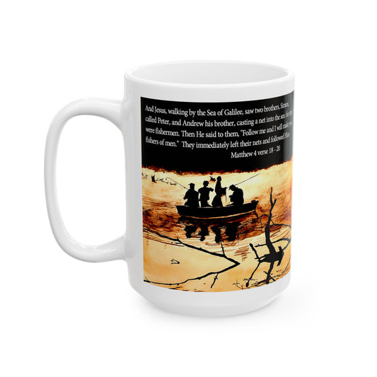 Fishers of Men mug featuring a biblical illustration of fishermen by the sea with scripture reference