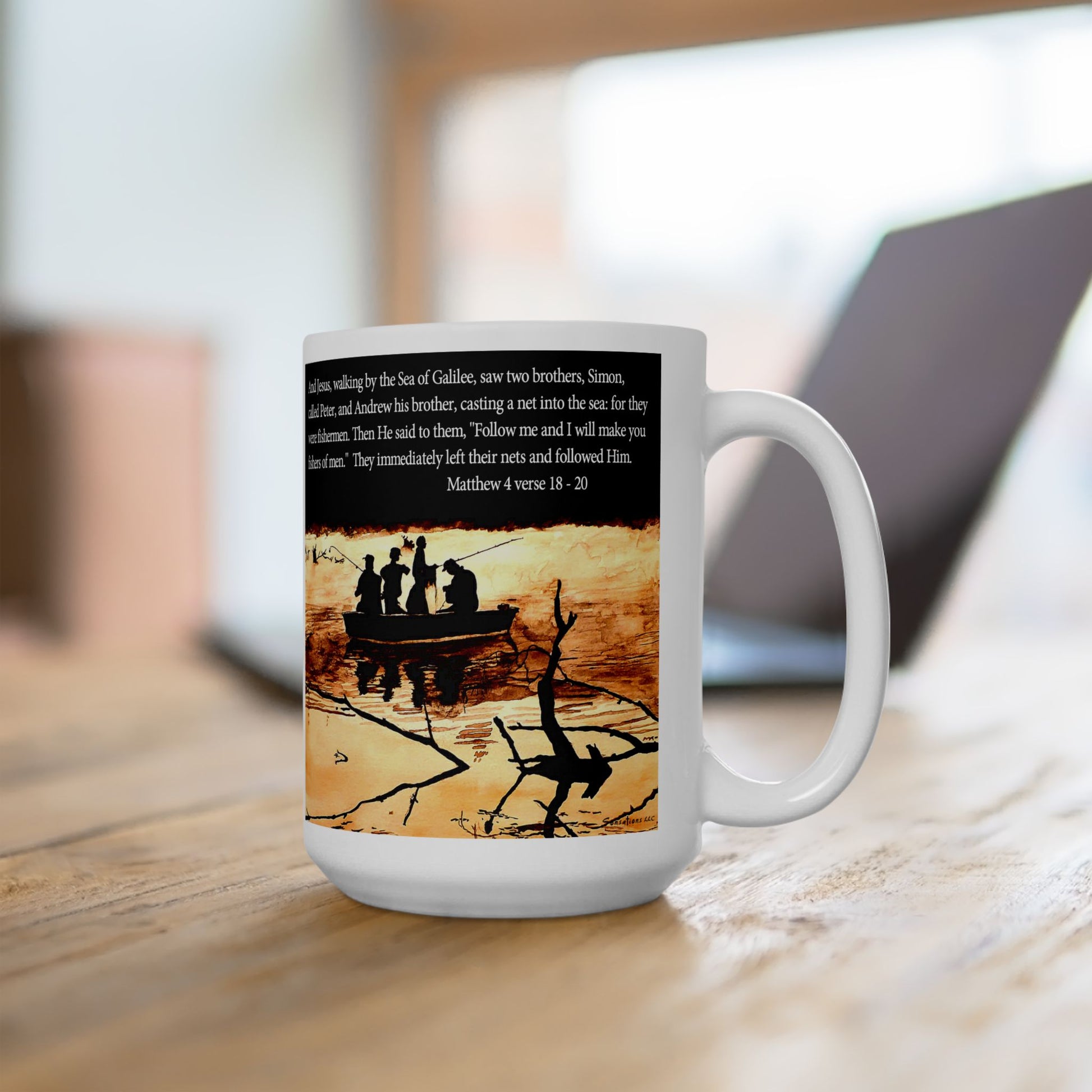 Fishers of Men mug featuring a boat scene with biblical verse for inspirational coffee moments