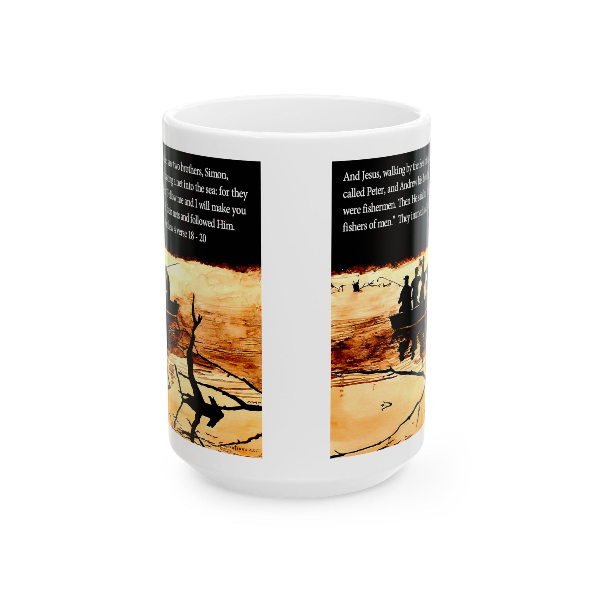 Fishers of Men mug featuring an artistic design with biblical references and fishermen on a boat