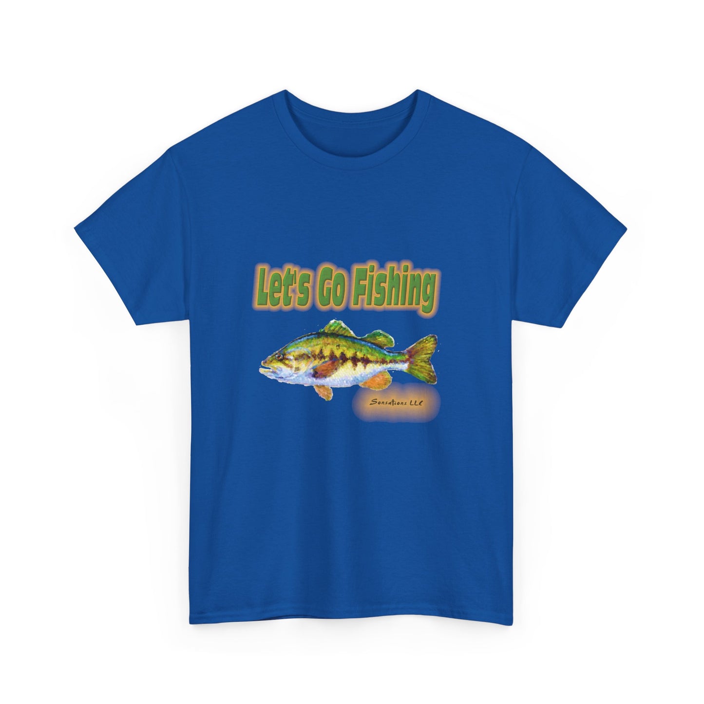Blue heavy cotton fishing tee featuring a colorful fish graphic and the phrase Let's Go Fishing