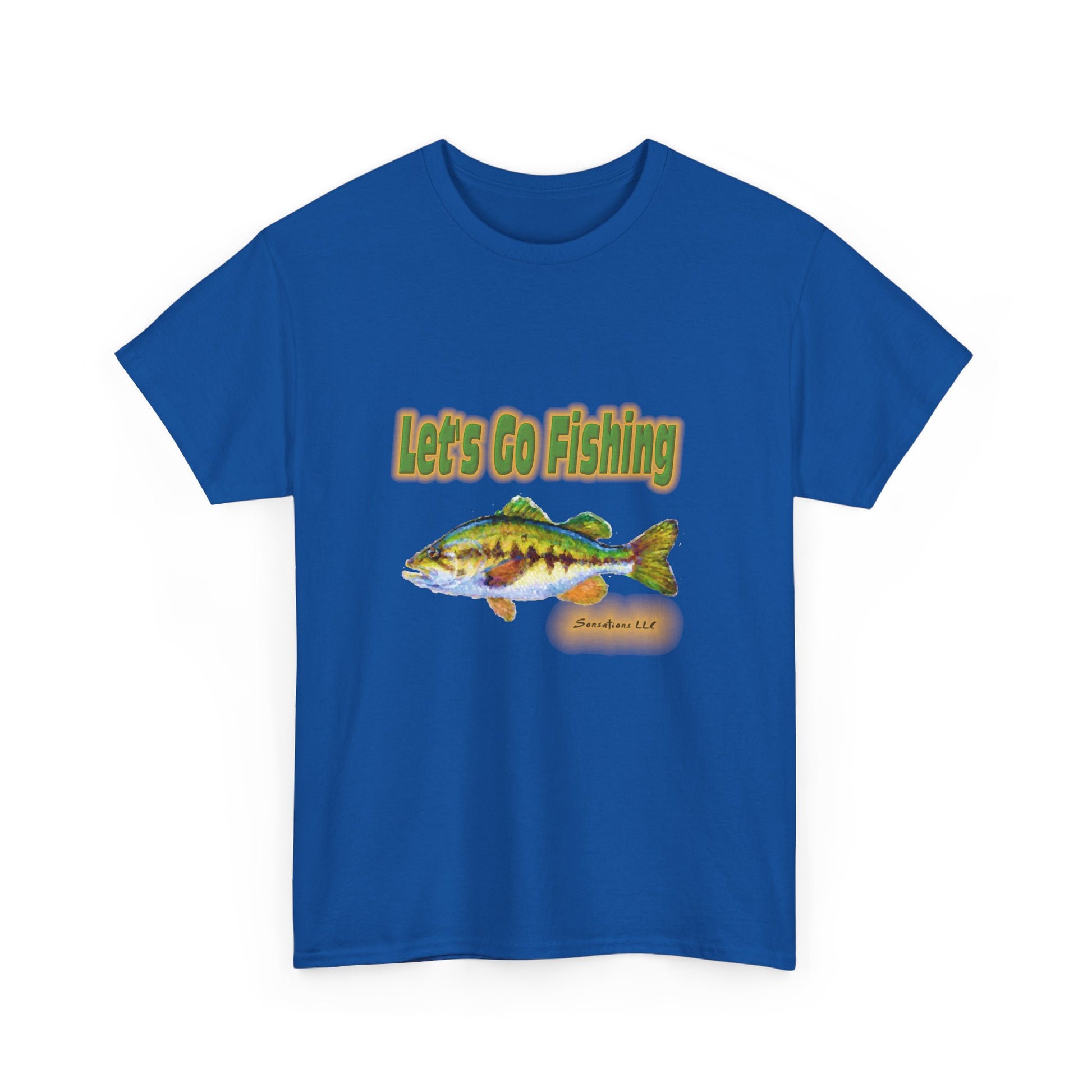 Blue heavy cotton fishing tee featuring a colorful fish graphic and the phrase Let's Go Fishing