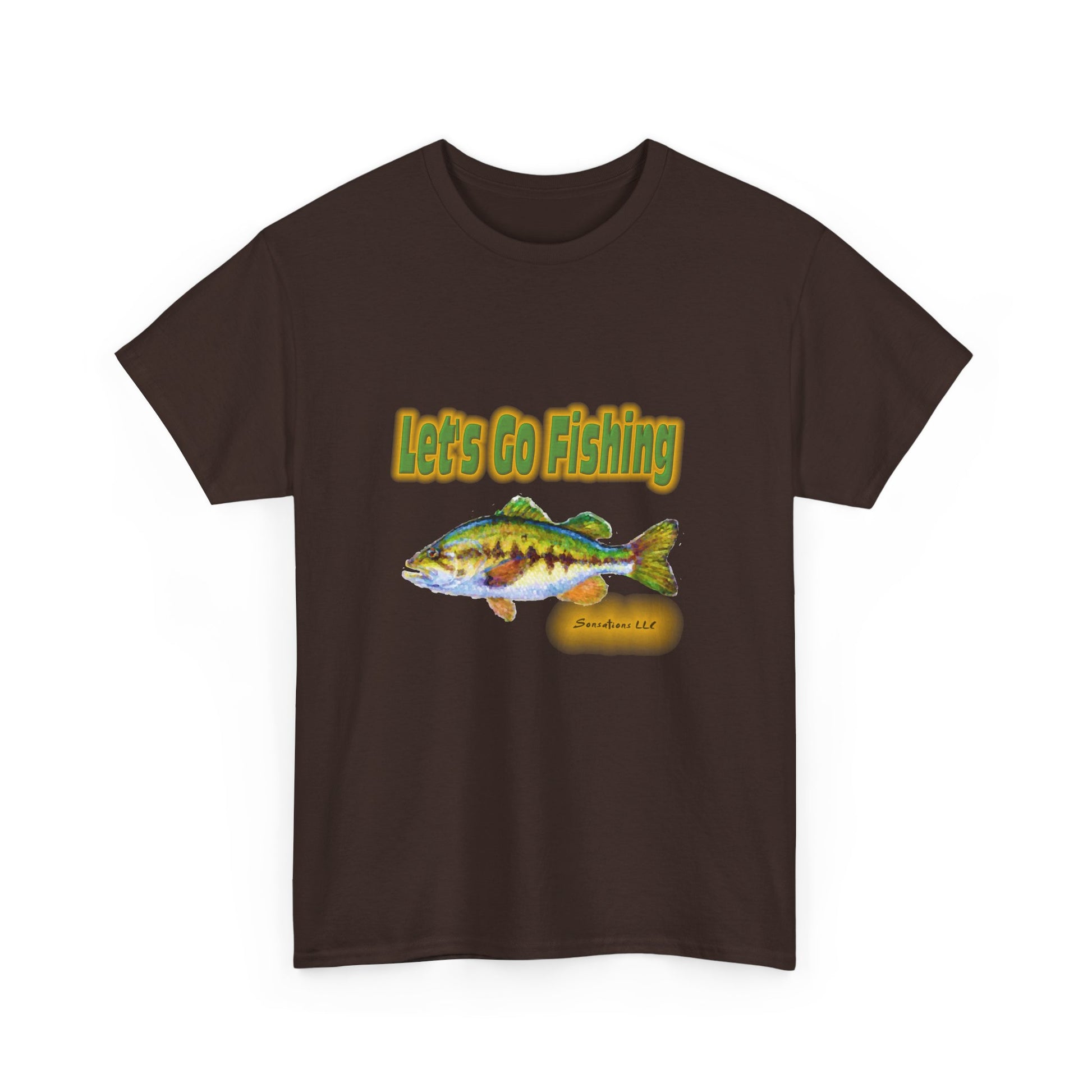Heavy cotton fishing tee featuring a colorful fish illustration and text that says Let's Go Fishing