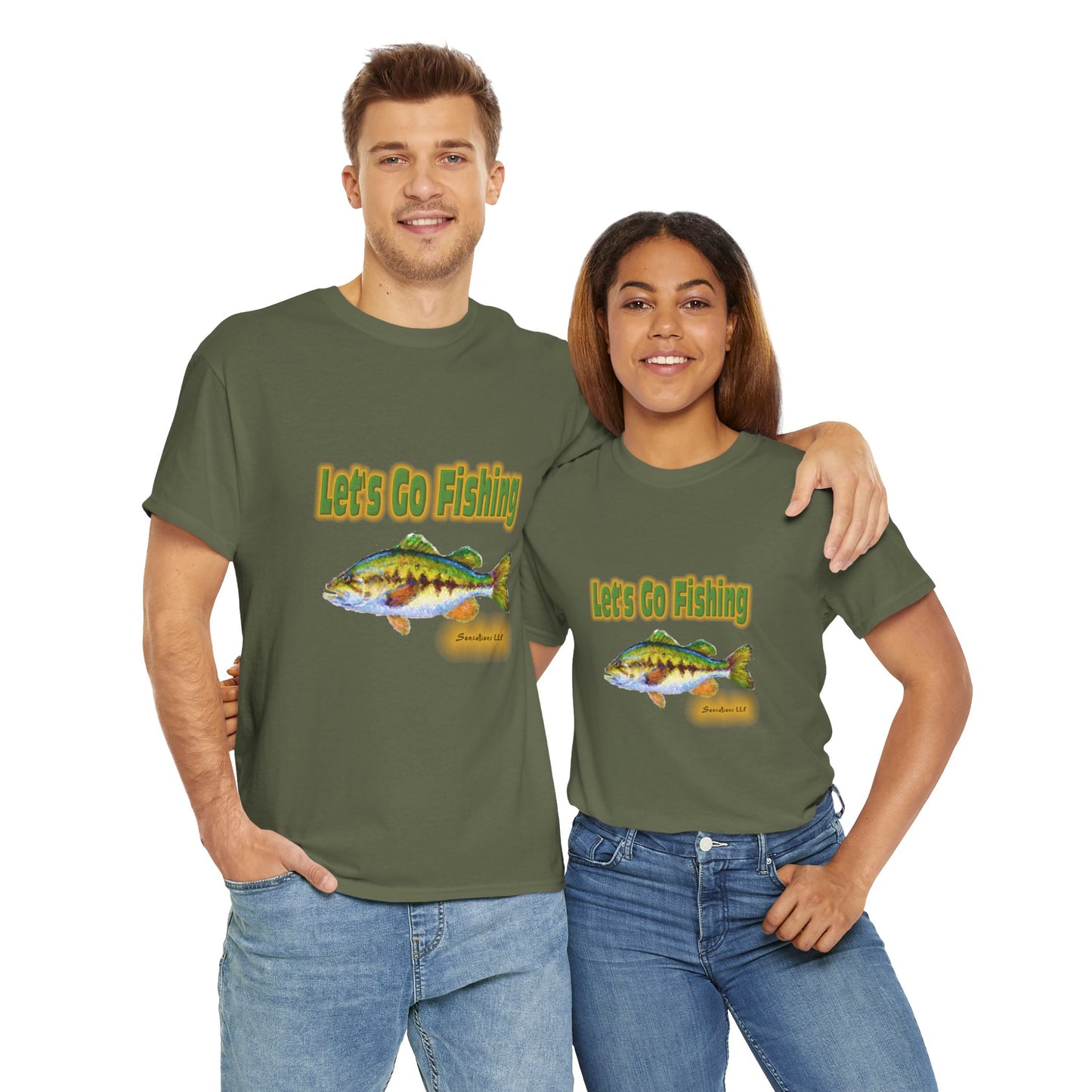 Couple wearing heavy cotton fishing tee with colorful fish graphic and Let's Go Fishing text