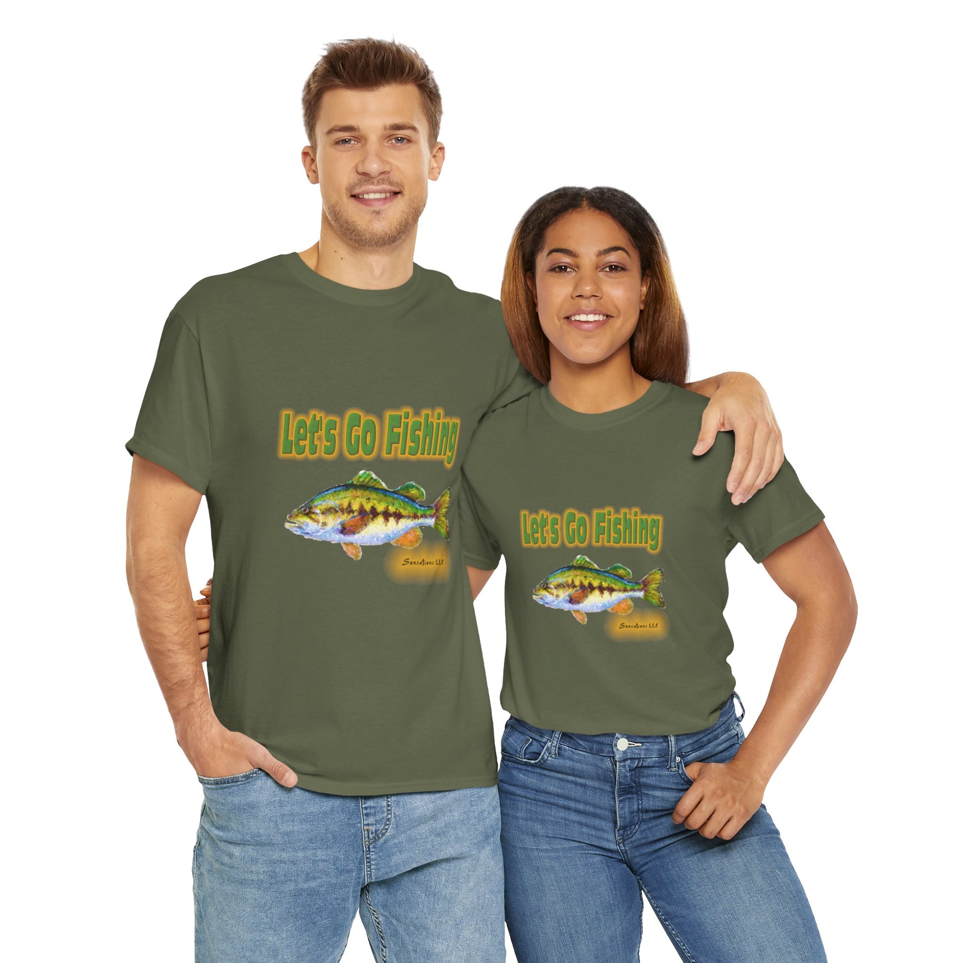 Couple wearing heavy cotton fishing tee with colorful fish graphic and Let's Go Fishing text