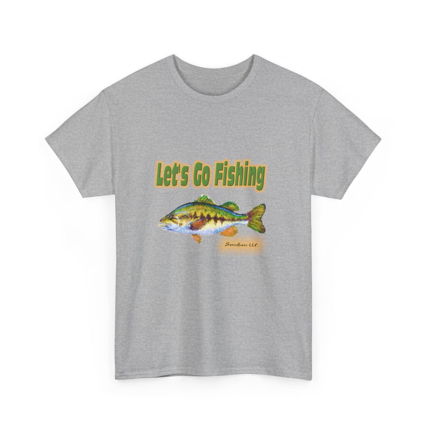 Light gray heavy cotton fishing tee featuring a colorful fish graphic and the phrase Let's Go Fishing