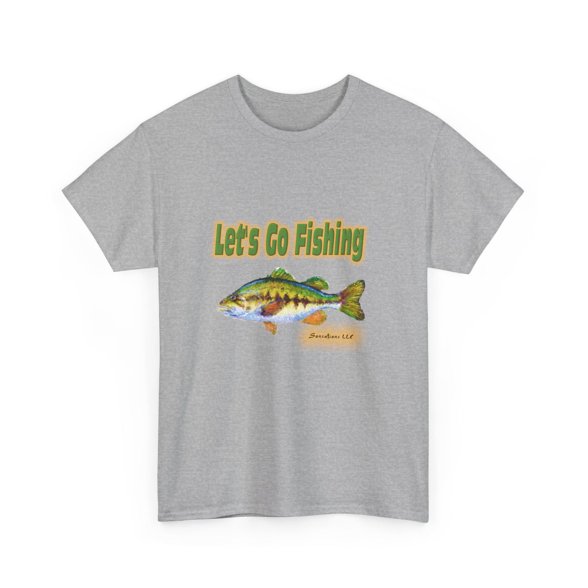 Light gray heavy cotton fishing tee featuring a colorful fish graphic and the phrase Let's Go Fishing