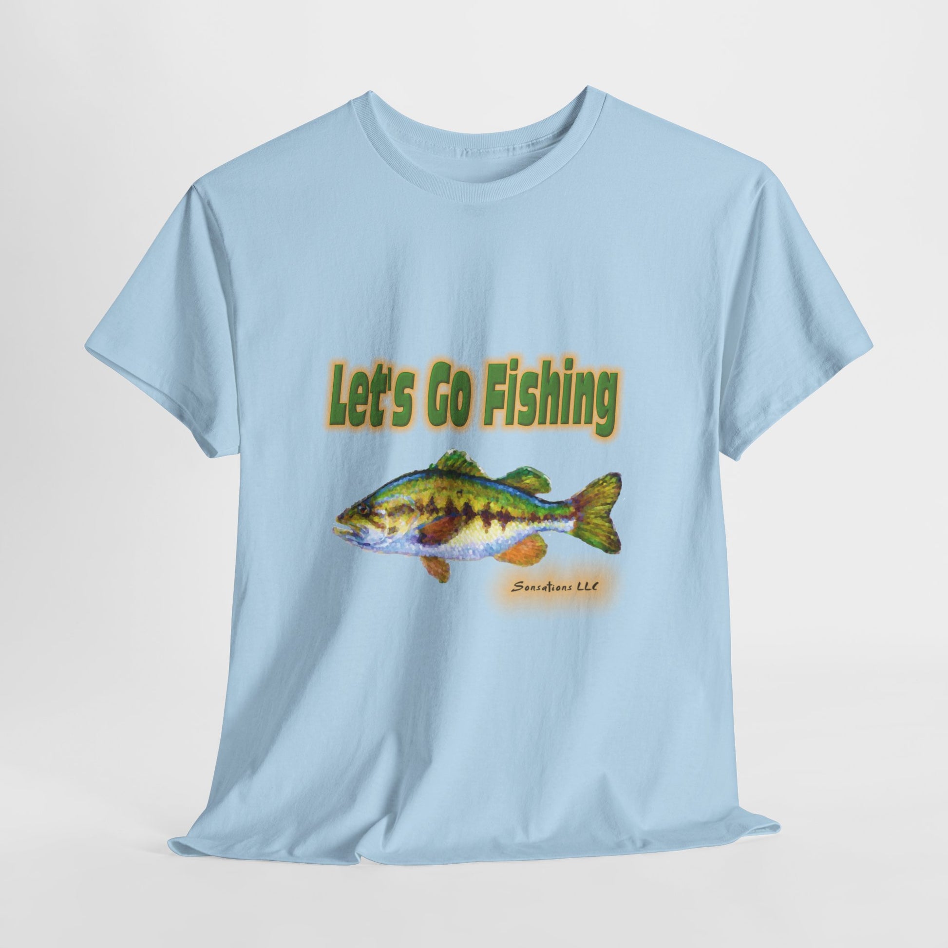Light blue heavy cotton fishing tee featuring a vibrant fish graphic and the text Let's Go Fishing