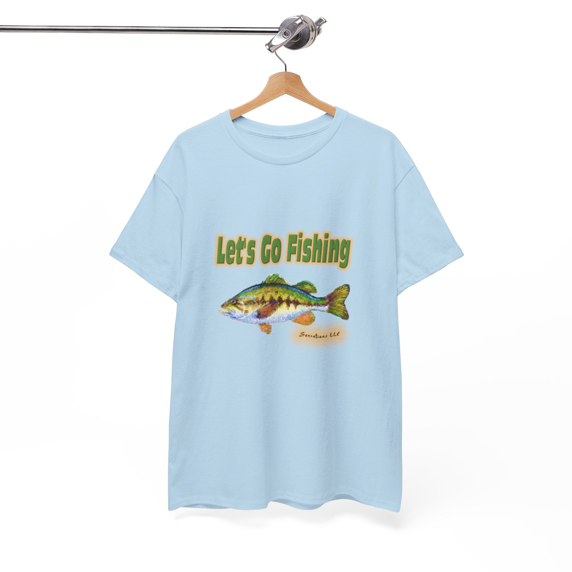 Light blue heavy cotton fishing tee with a colorful fish graphic and 'Let's Go Fishing' text