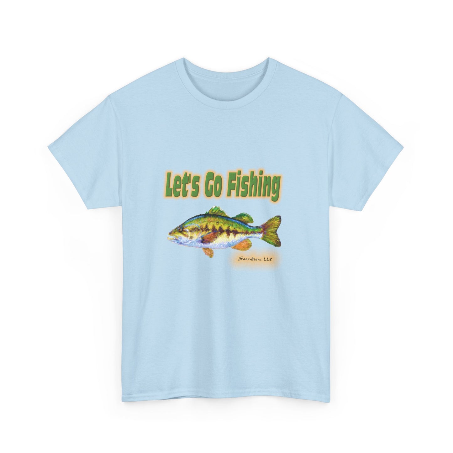 Light blue heavy cotton fishing tee with a colorful fish graphic and 'Let's Go Fishing' text2
