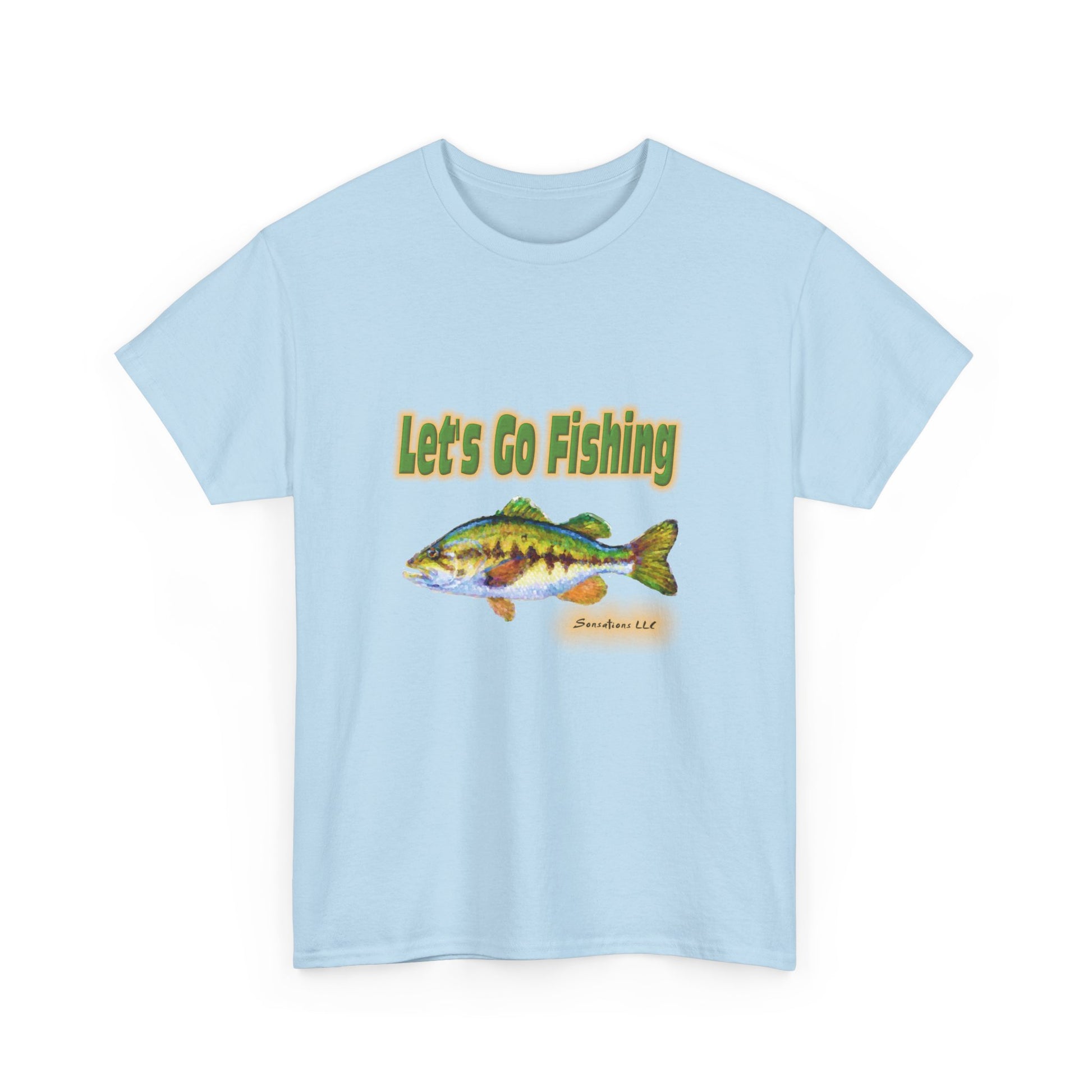 Light blue heavy cotton fishing tee with a colorful fish graphic and 'Let's Go Fishing' text2