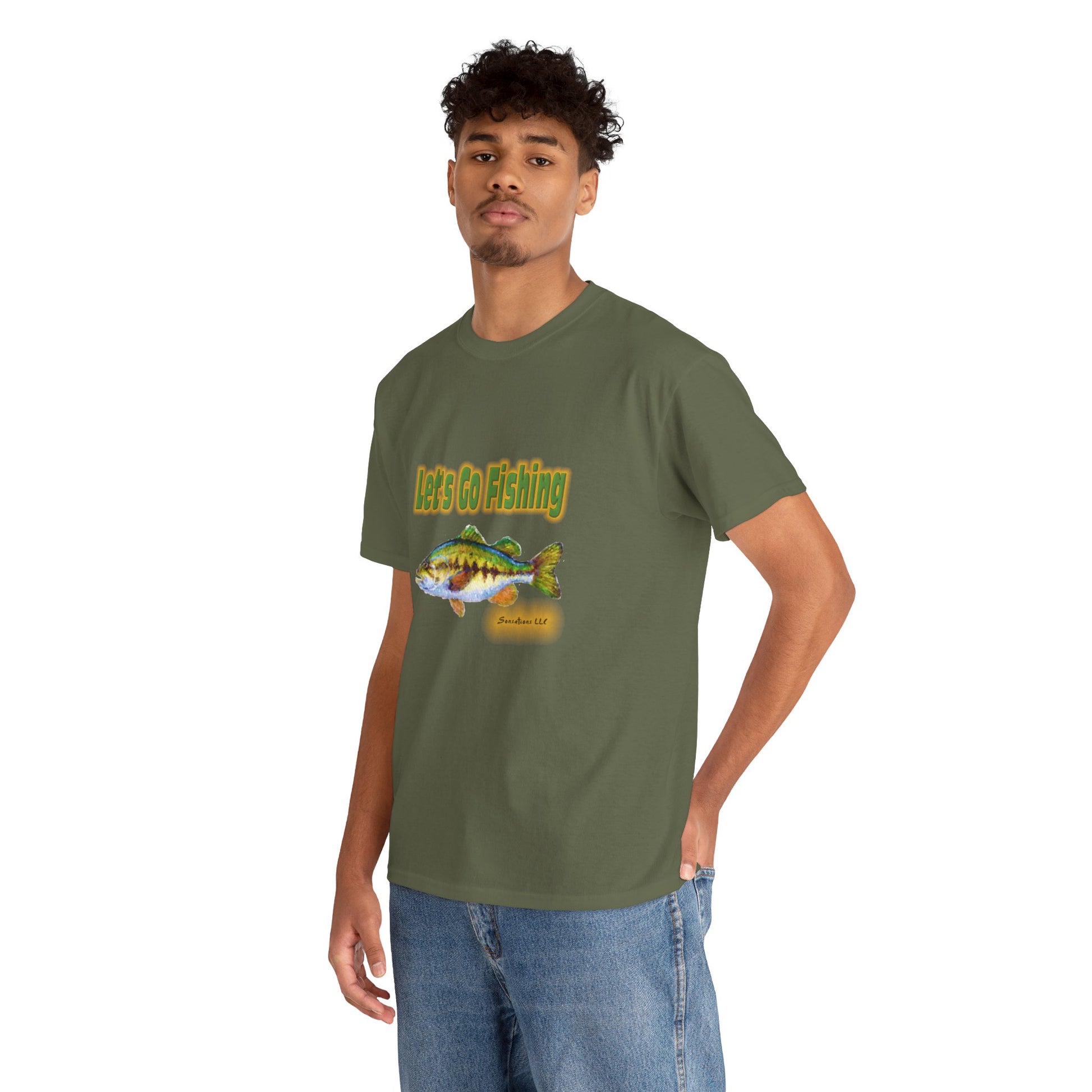 Heavy cotton fishing tee in olive green with a fun fish graphic and text 'Let's Go Fishing'