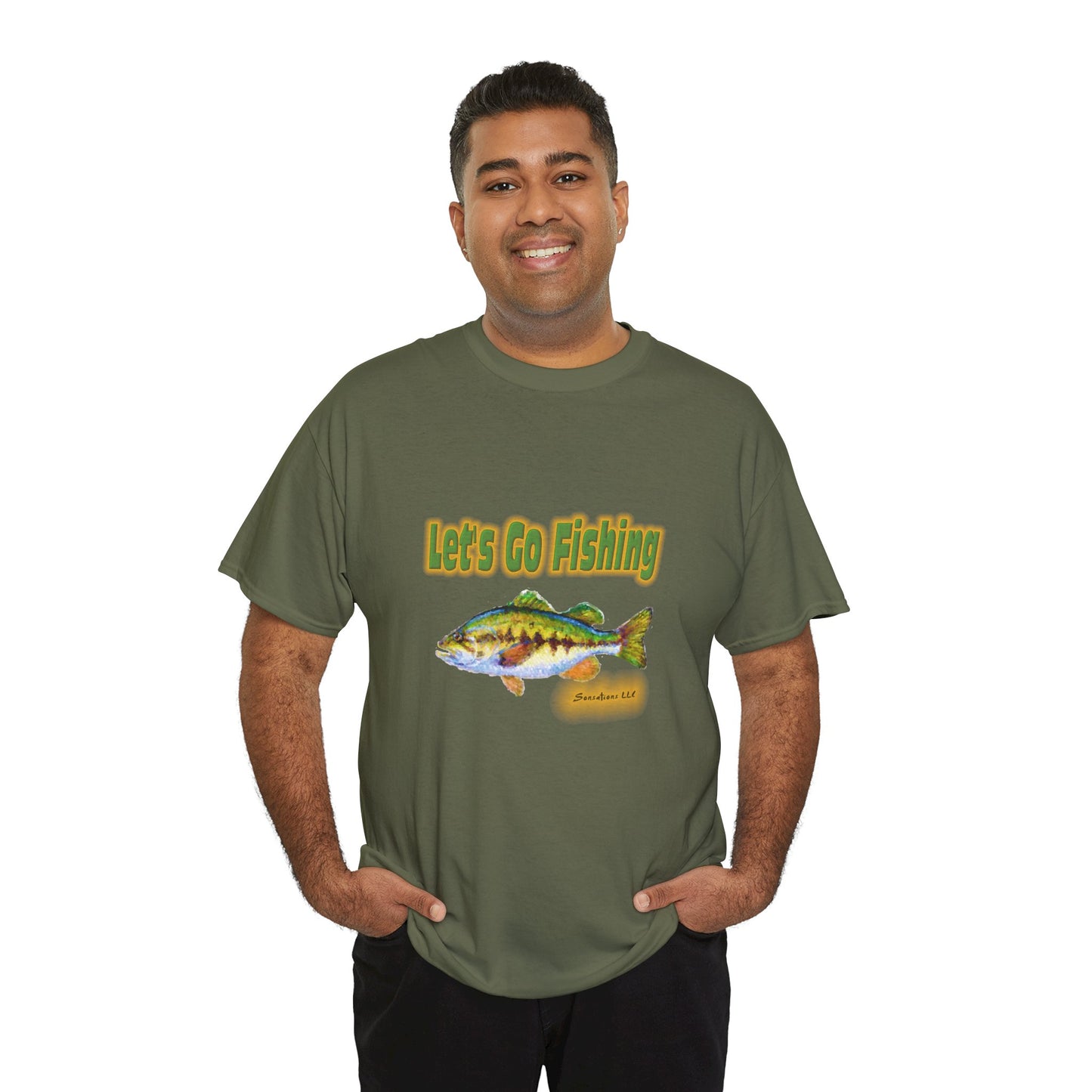 Olive green heavy cotton fishing tee featuring a colorful fish design and the text Let's Go Fishing