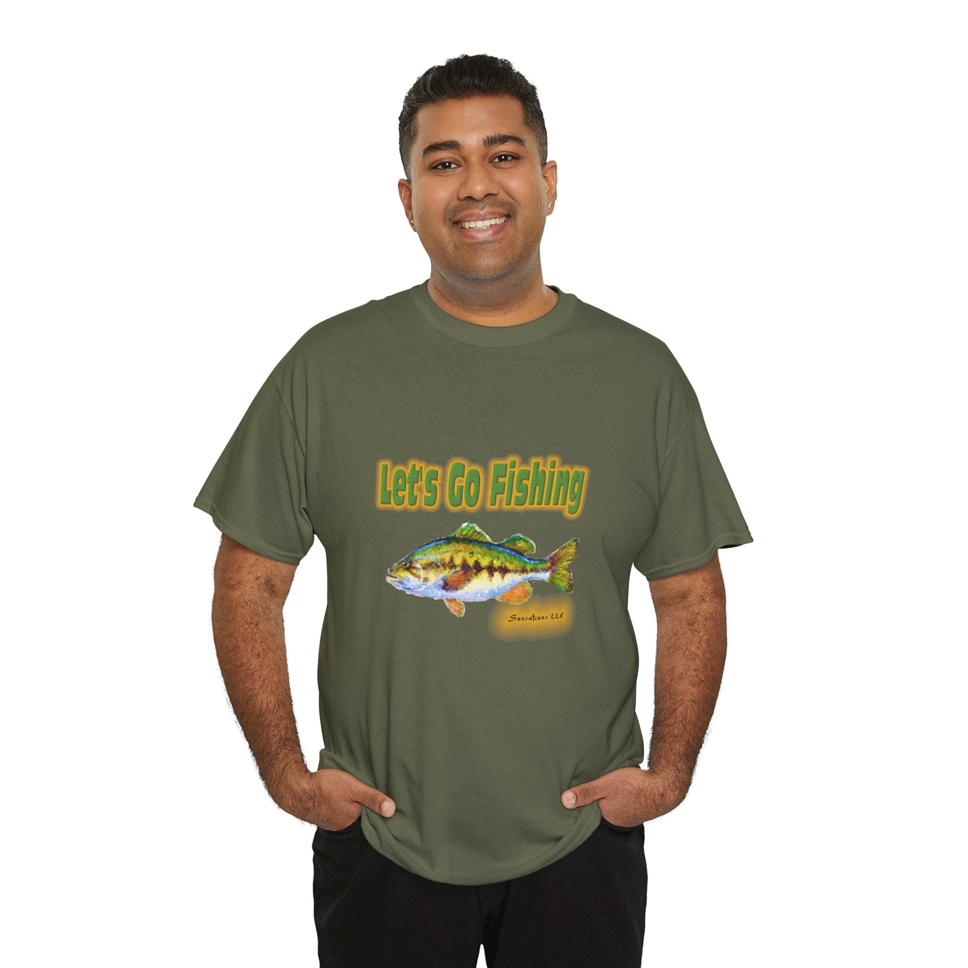 Olive green heavy cotton fishing tee featuring a colorful fish design and the text Let's Go Fishing