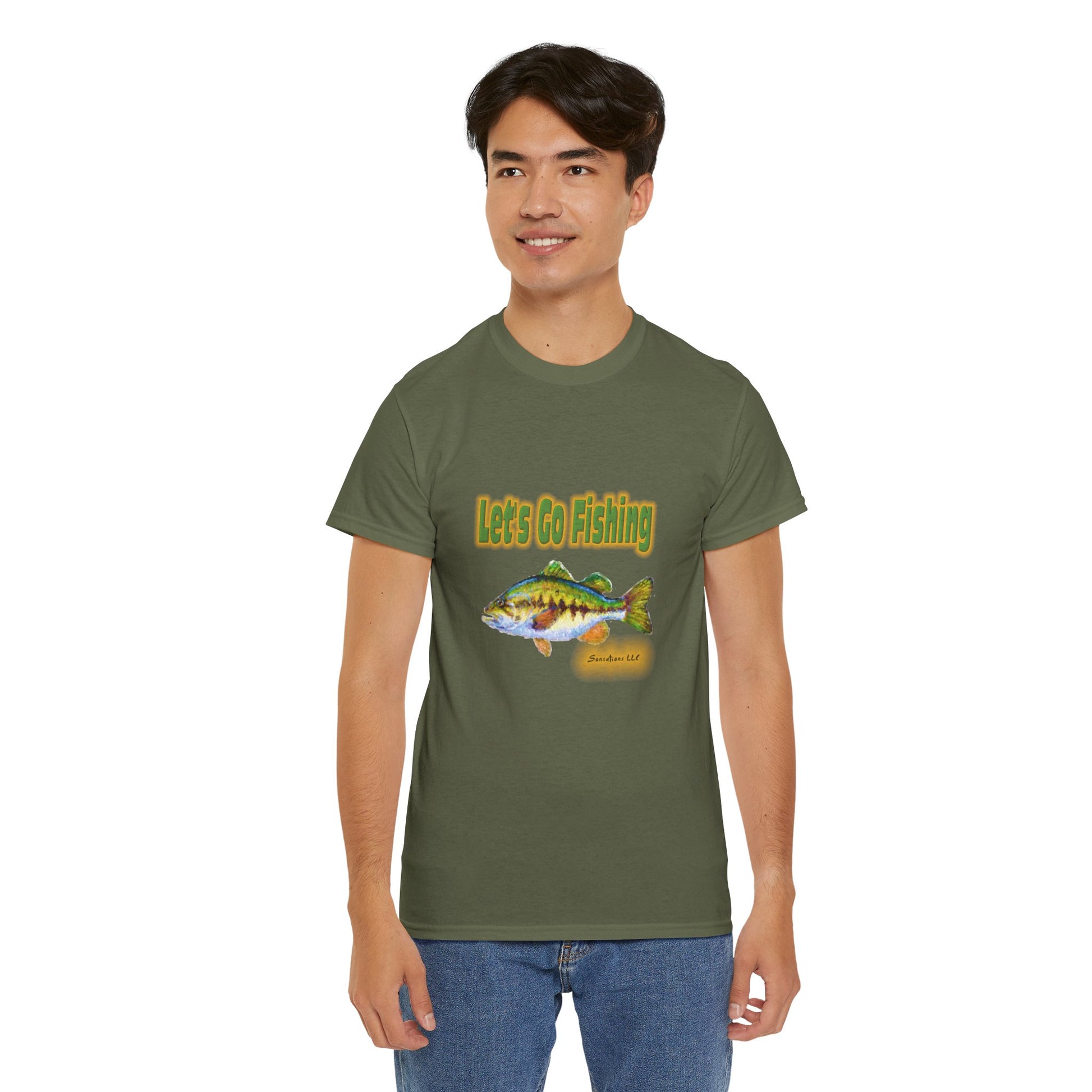 Green heavy cotton fishing tee featuring a colorful fish design and the text Let's Go Fishing