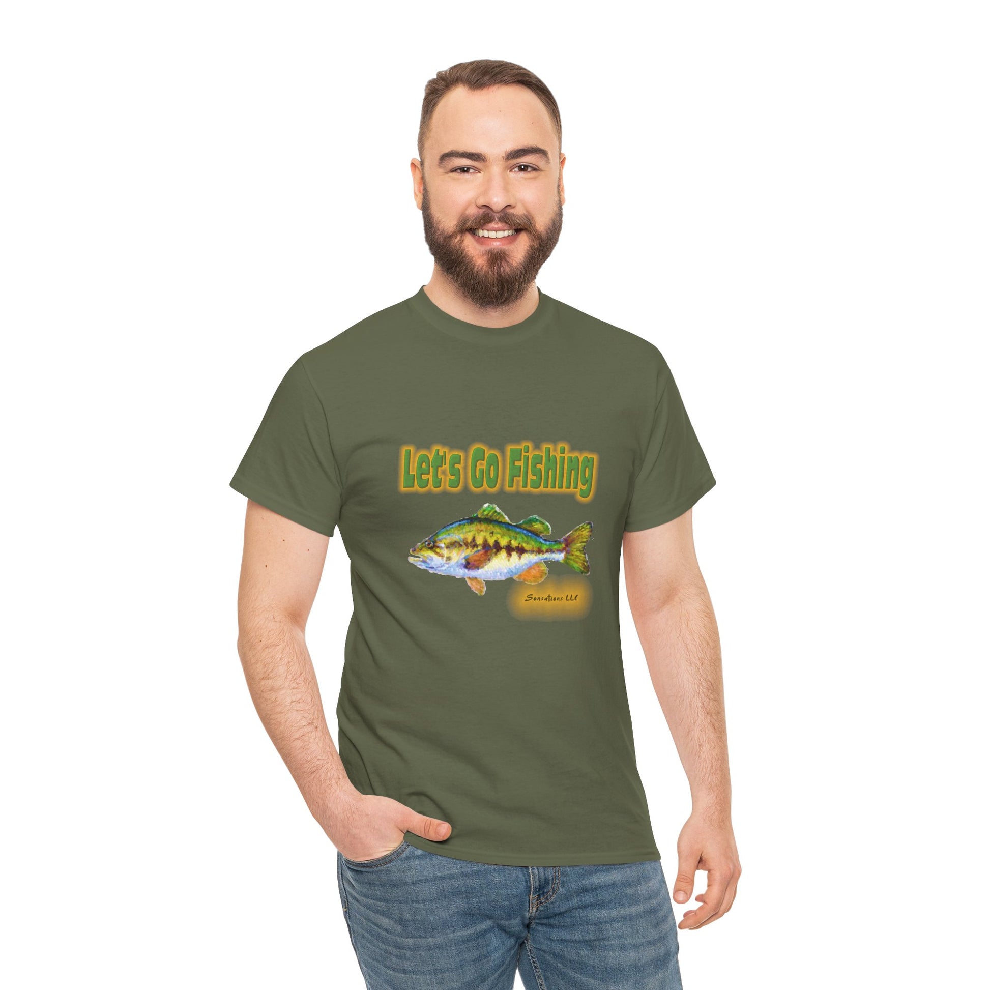 Men's heavy cotton fishing tee featuring a colorful fish design with Let's Go Fishing text