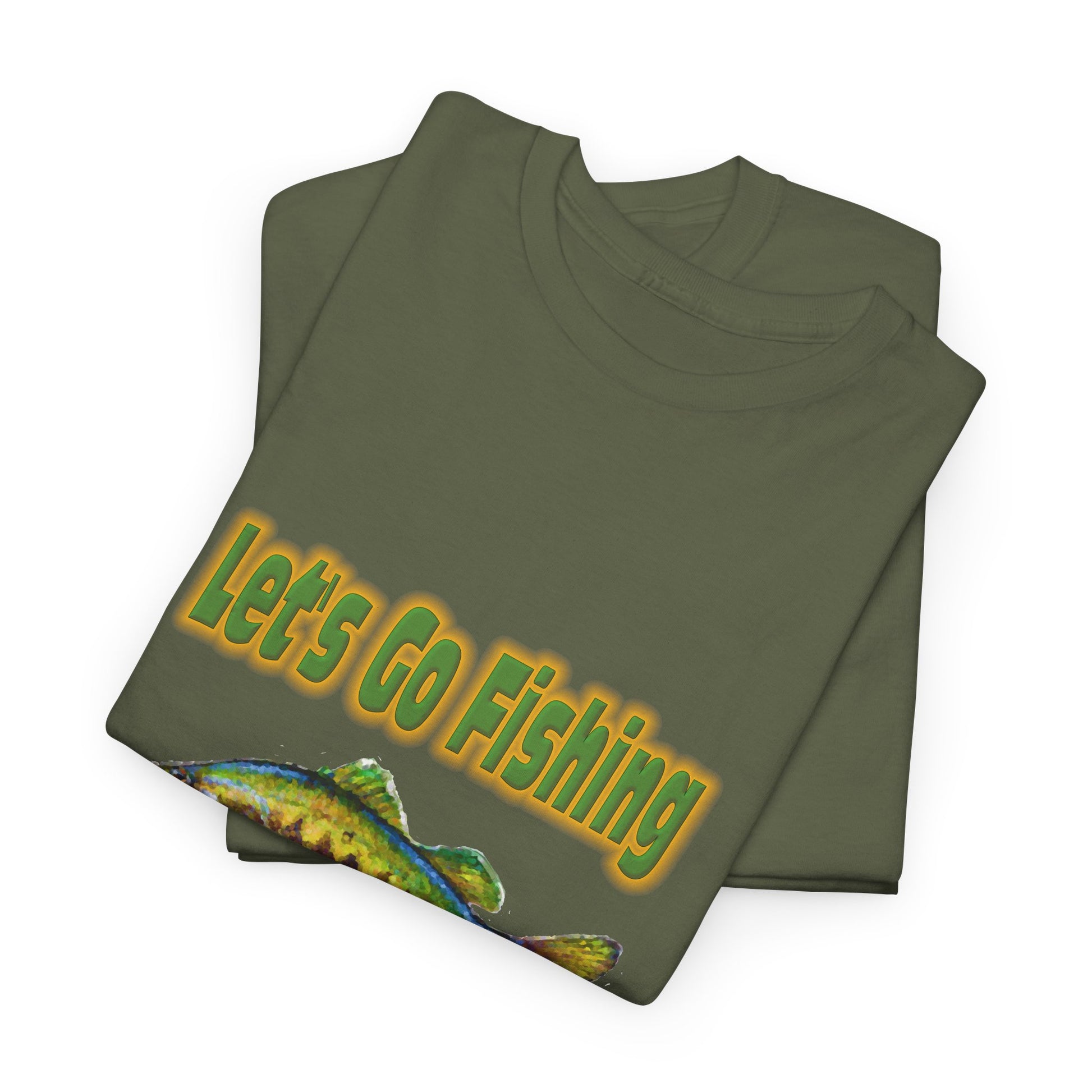 Olive green heavy cotton fishing tee featuring a vibrant Let's Go Fishing design