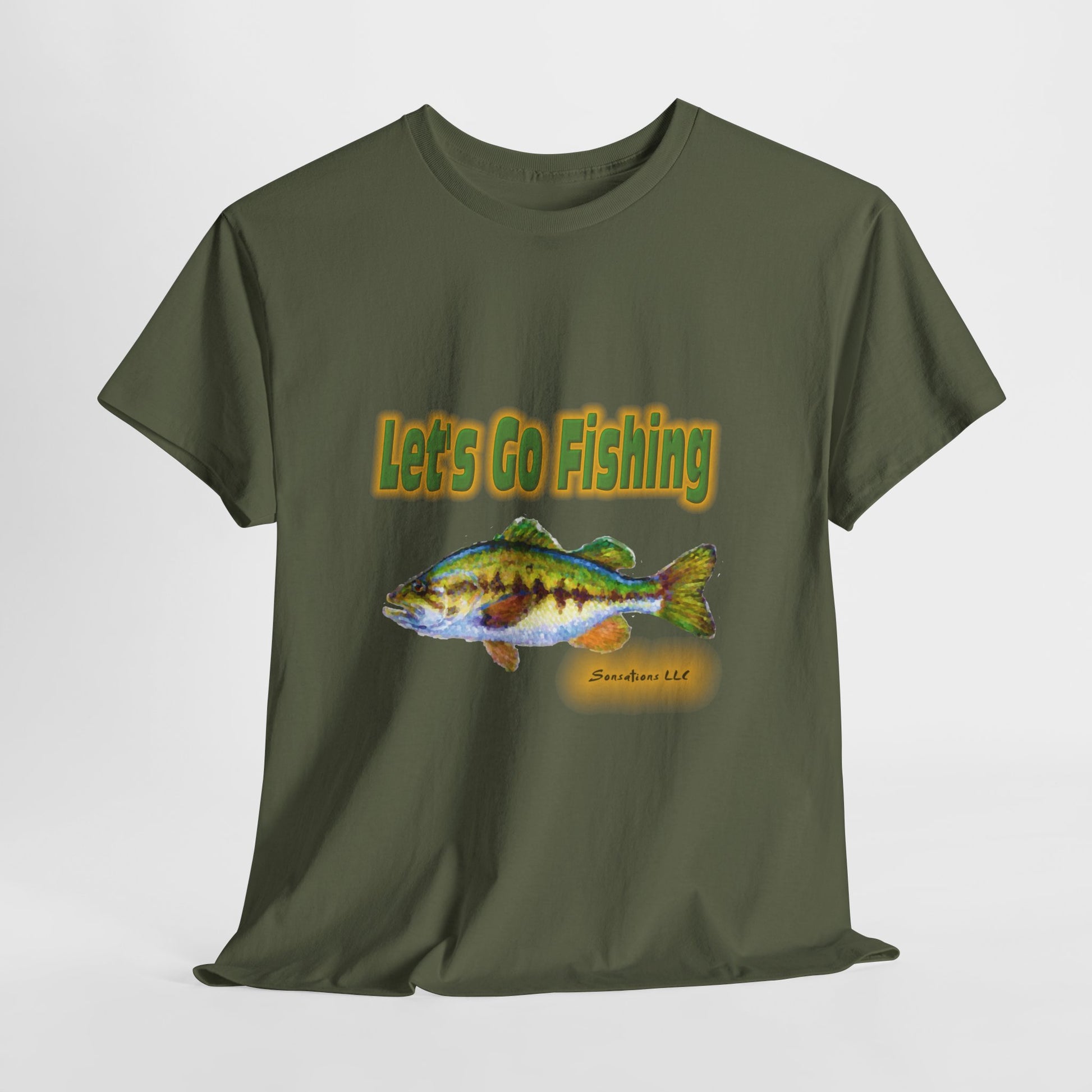 Heavy cotton fishing tee in olive green featuring a colorful fish graphic and the phrase Let's Go Fishing