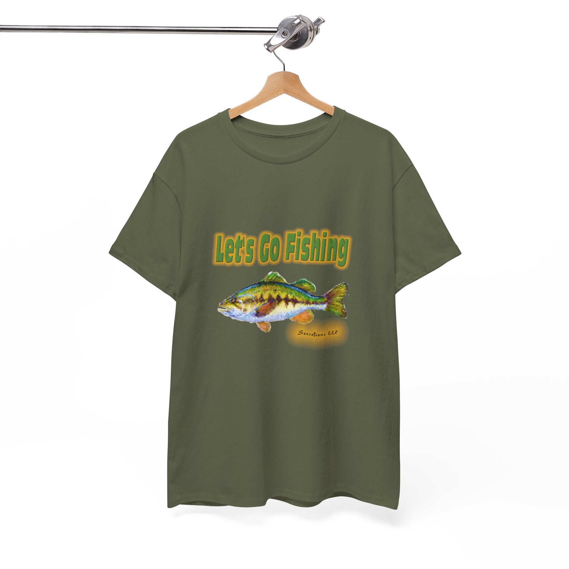 Heavy cotton fishing tee featuring a colorful fish graphic and 'Let's Go Fishing' text