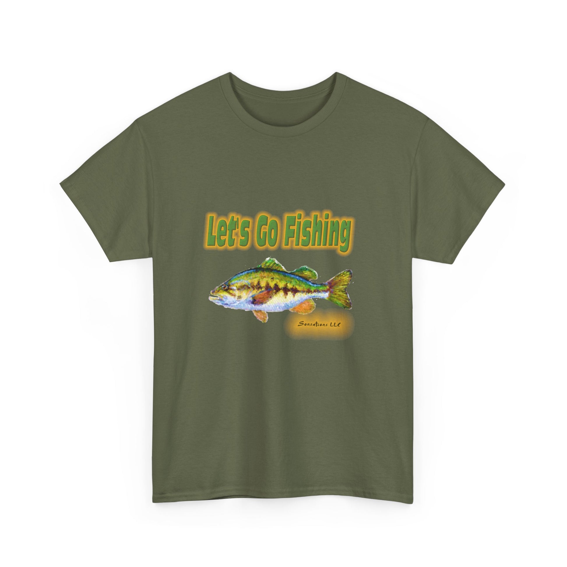 Heavy cotton fishing tee with a colorful fish graphic and text that says Let's Go Fishing