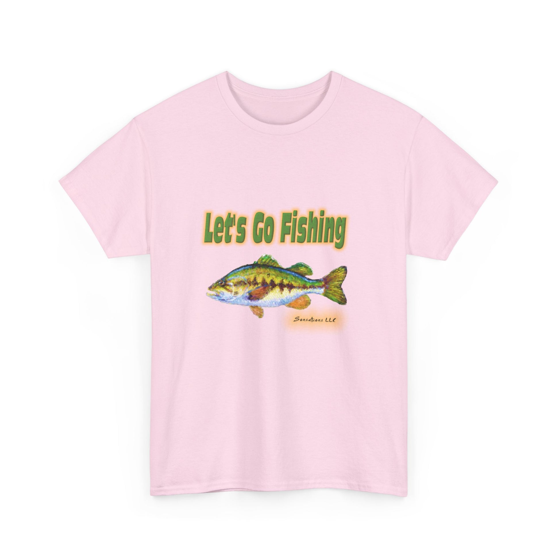 Pink heavy cotton fishing tee featuring a colorful fish and 'Let's Go Fishing' text design