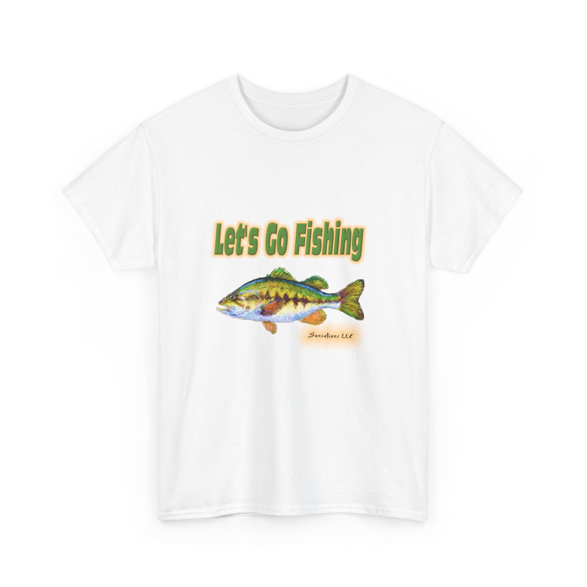Heavy cotton fishing tee with a colorful fish graphic and the text Let's Go Fishing