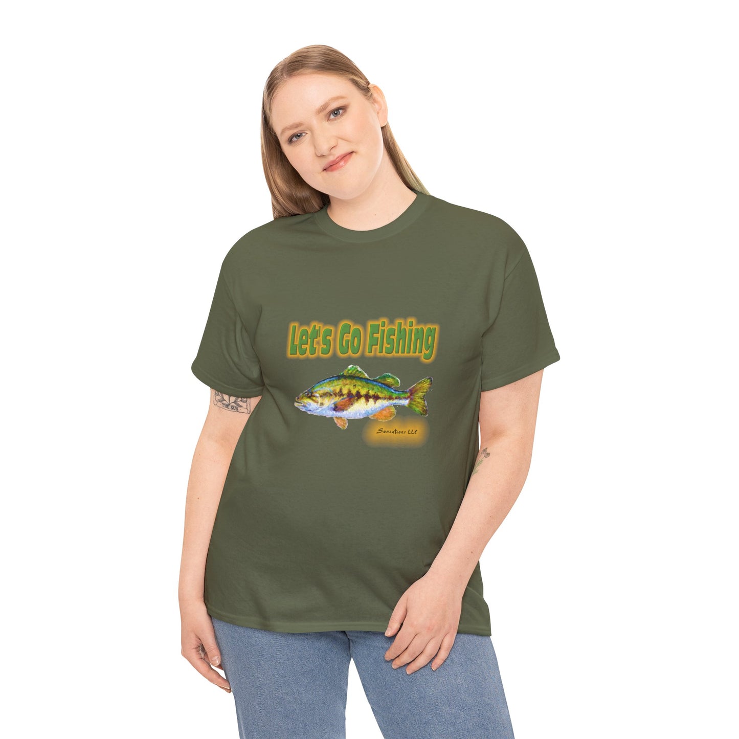 Heavy cotton fishing tee in olive green featuring a colorful fish graphic and 'Let's Go Fishing' text