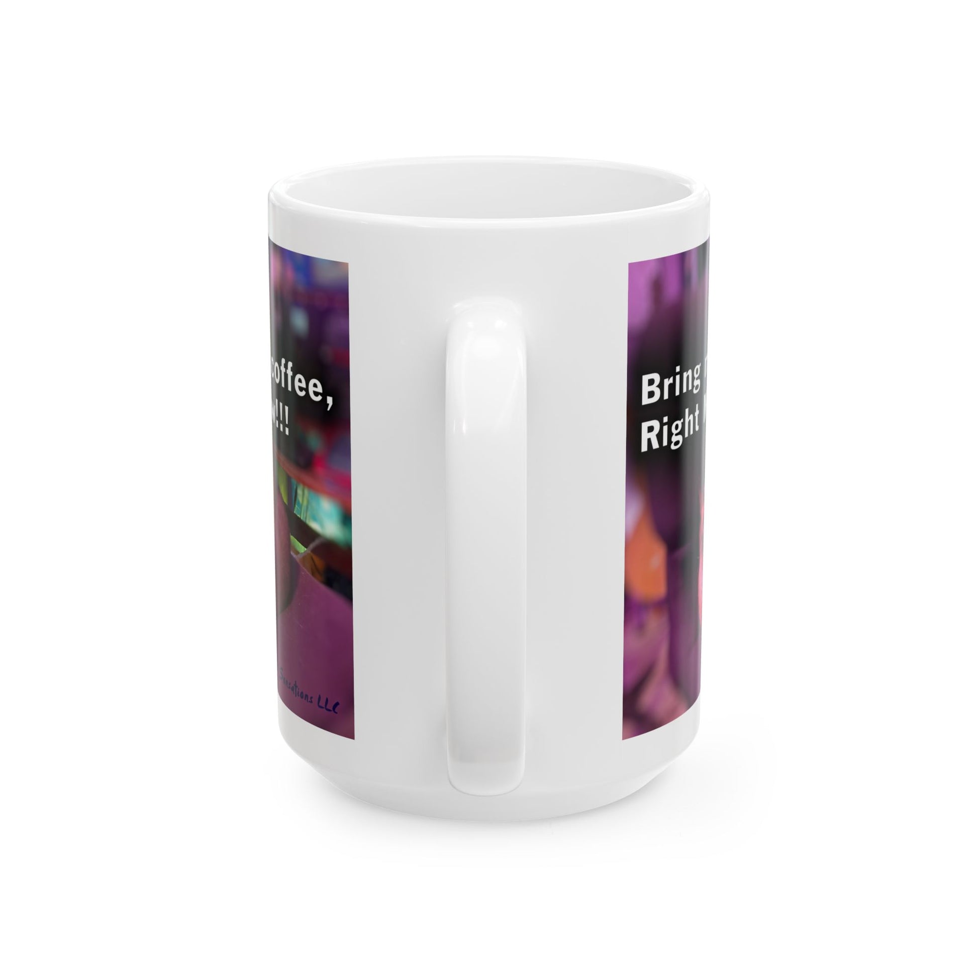 Funny cat coffee cup with colorful design and humorous text for cat lovers