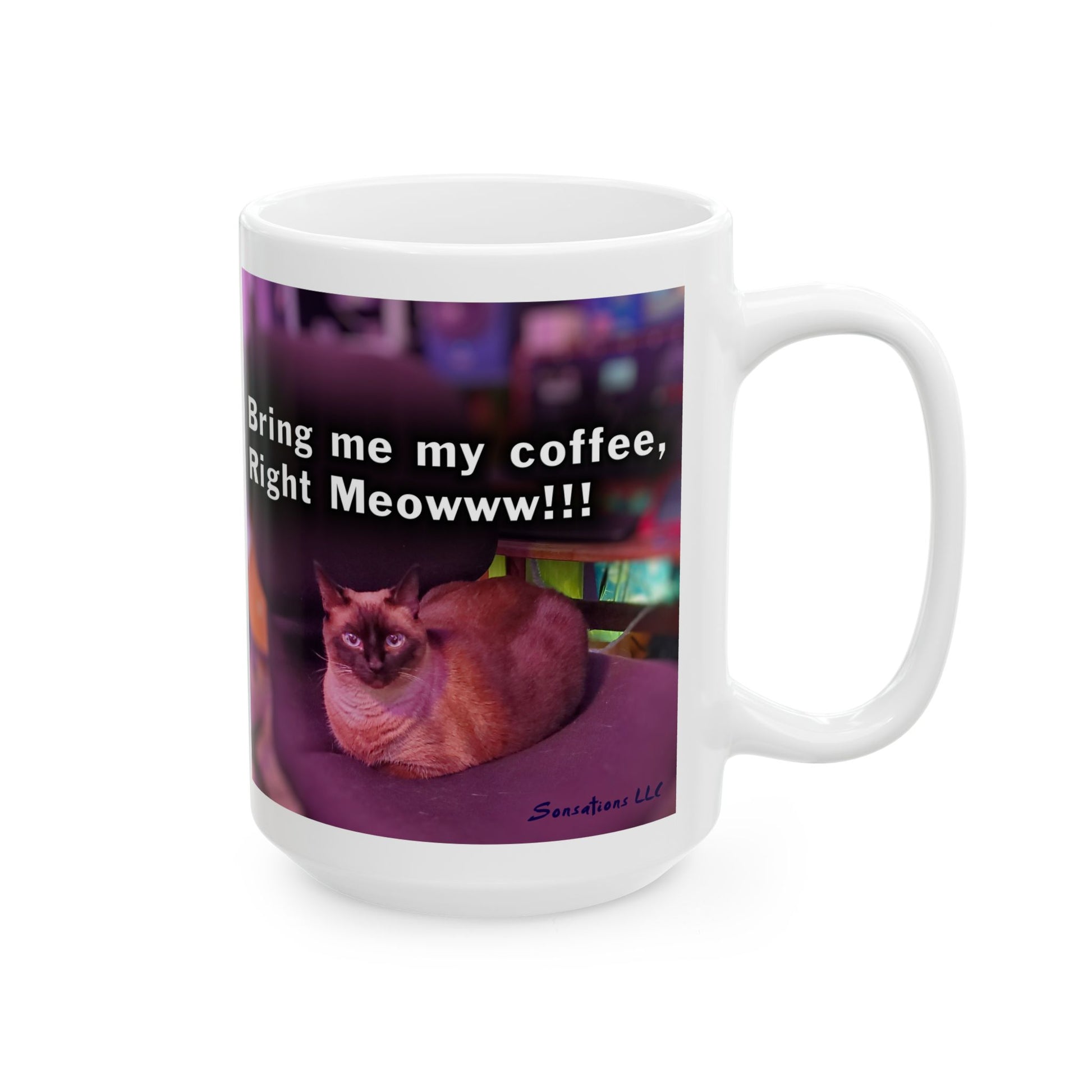 Funny cat coffee cup featuring a playful message and image of a cat lounging