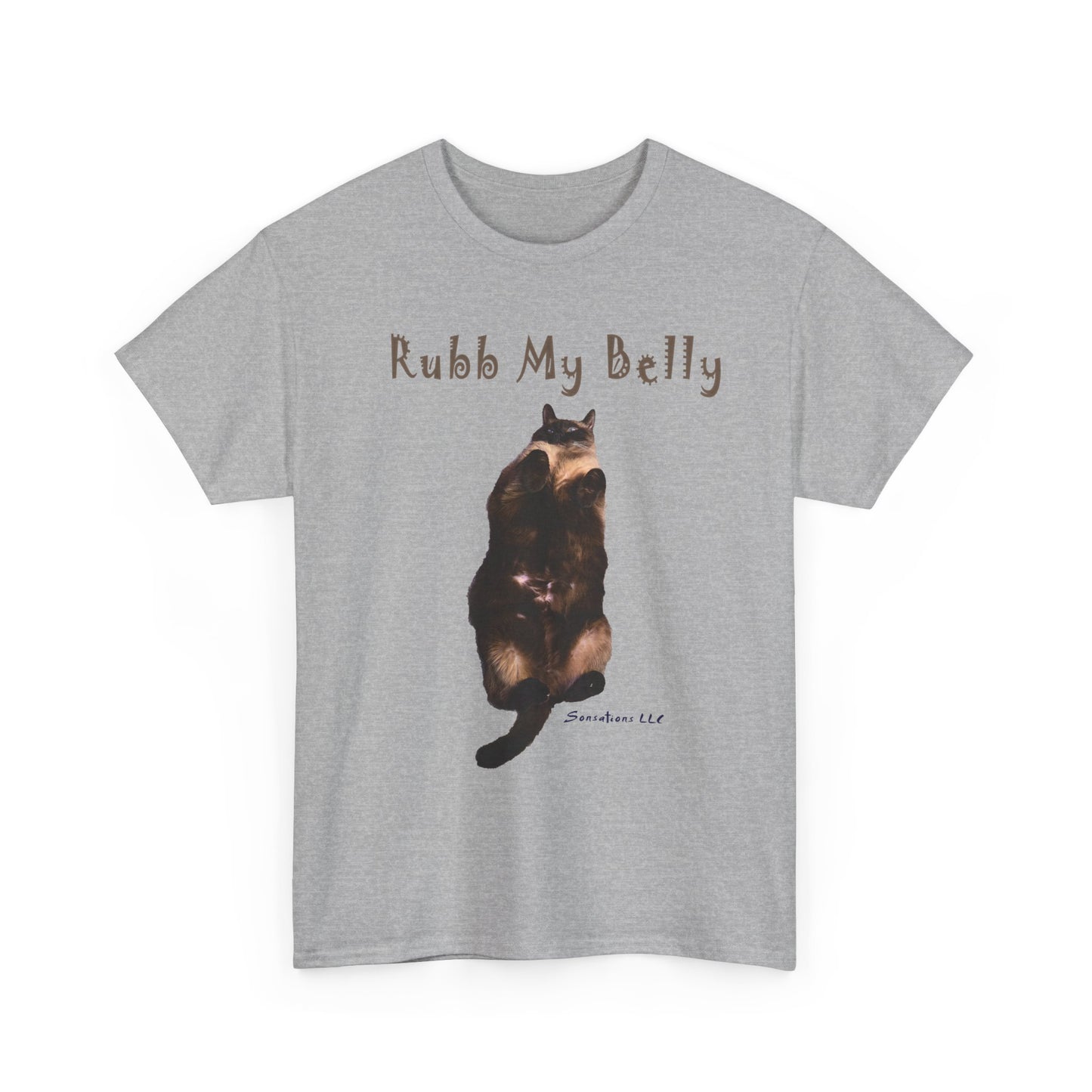 Funny graphic t-shirts for gifts featuring a cat with the phrase Rubb My Belly