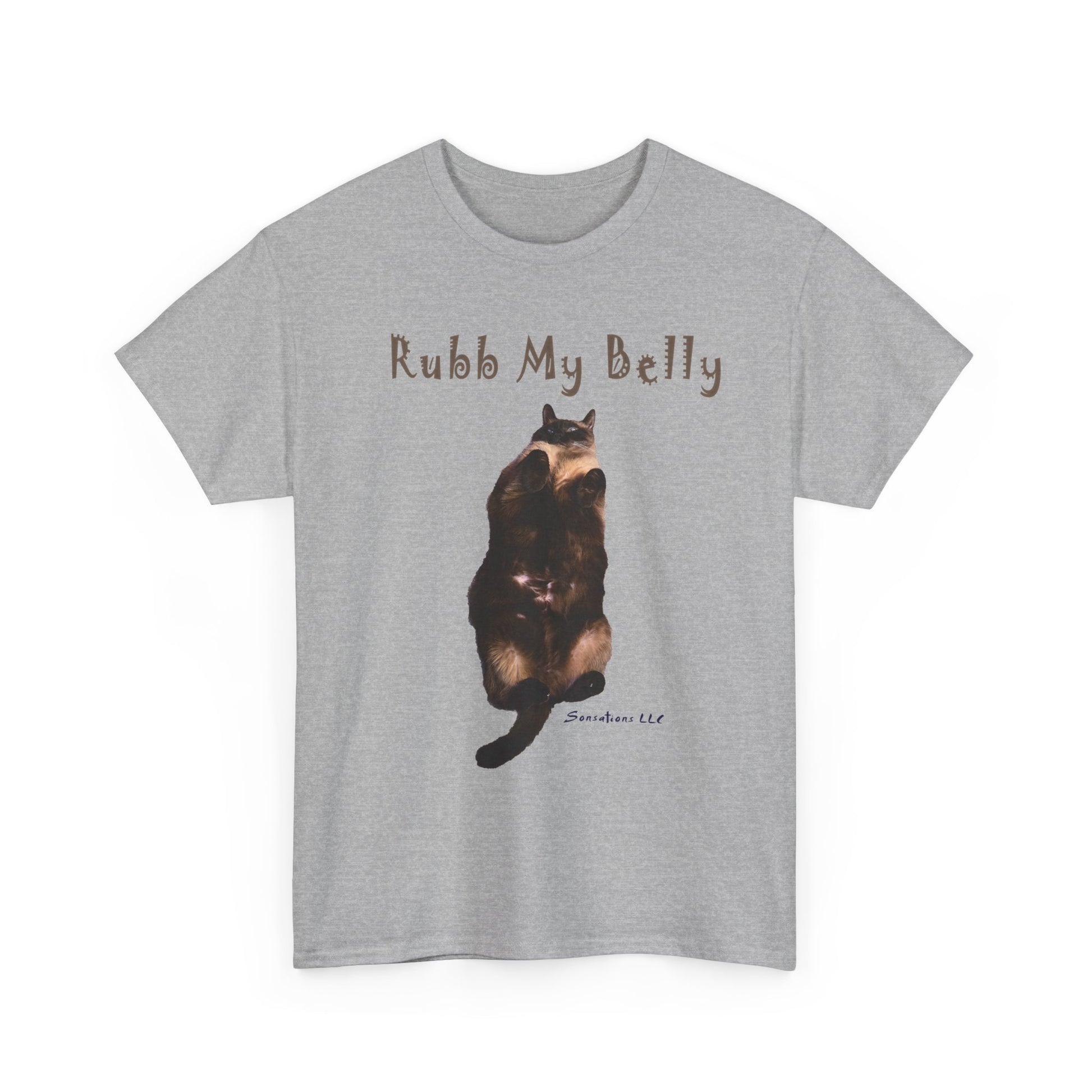 Funny graphic t-shirts for gifts featuring a cat with the phrase Rubb My Belly