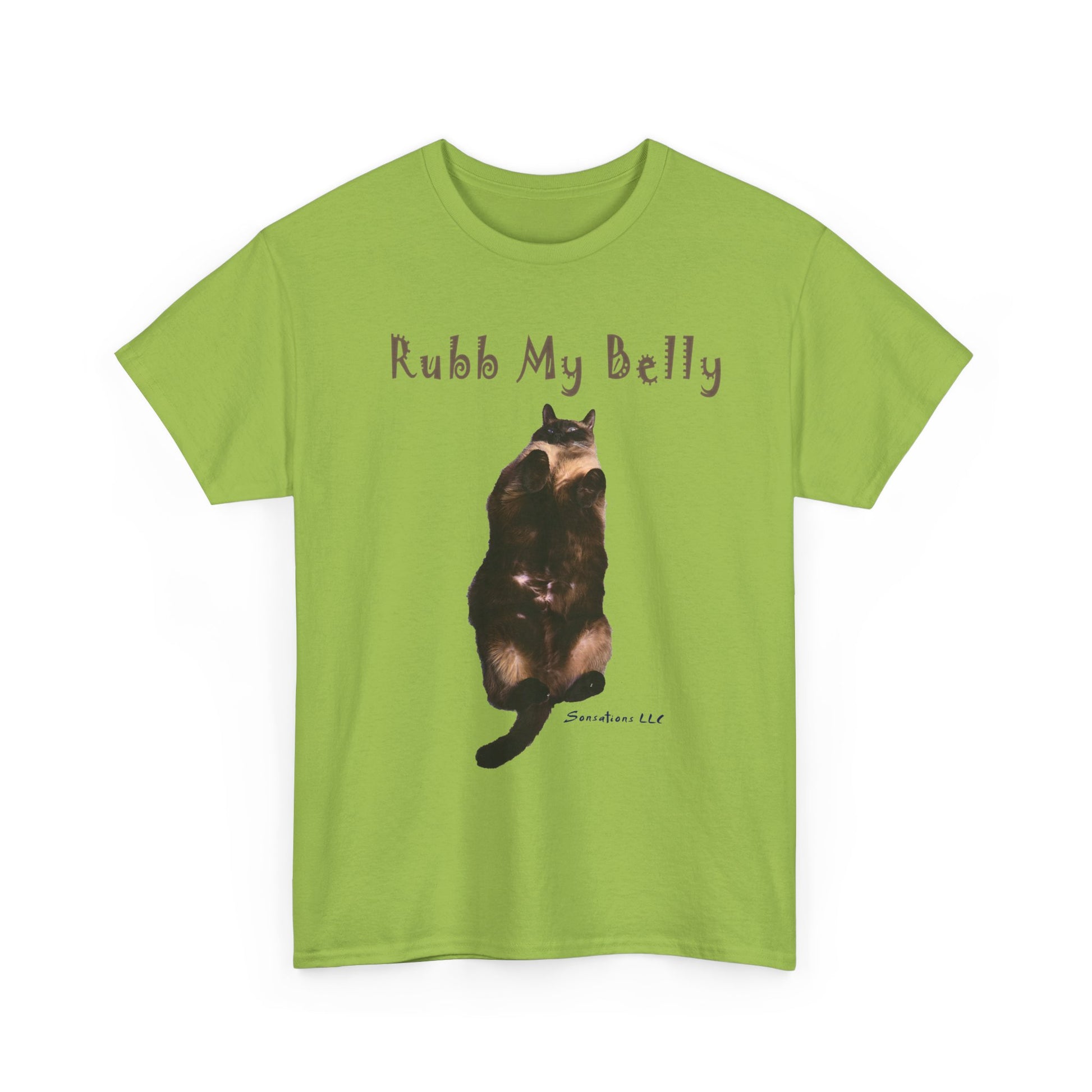 Funny graphic t-shirts for gifts featuring a playful cat design with the text Rub My Belly